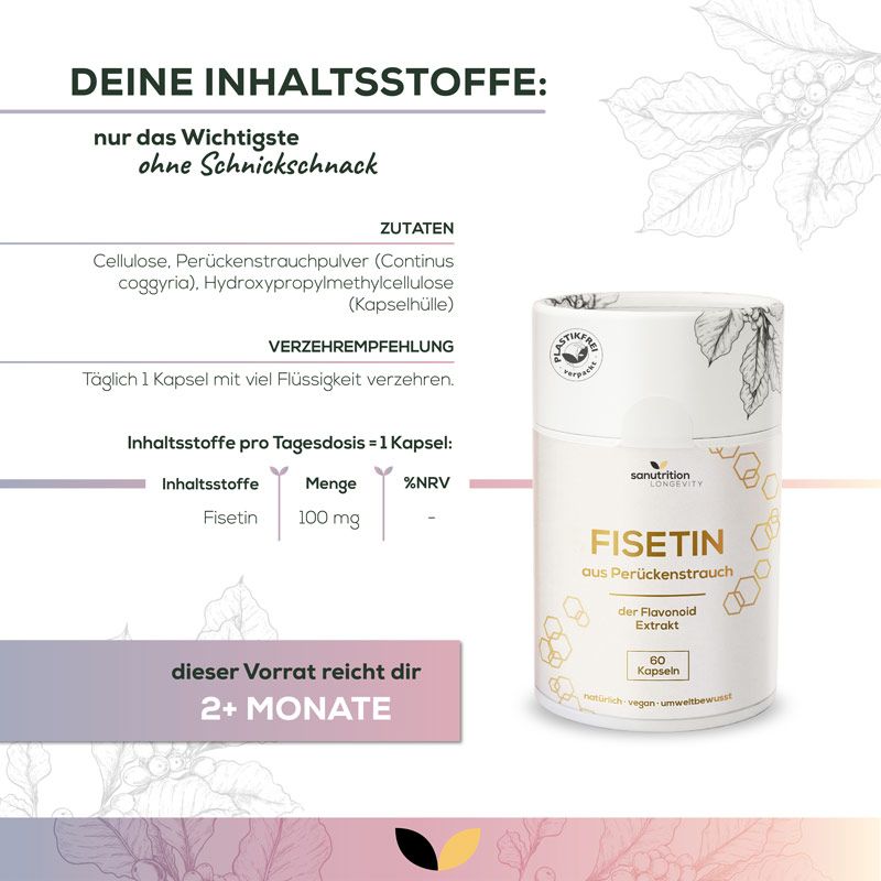 Infografik mit Dose mit Fisetin-Kapseln. Text: Fisetin, 100 mg. Zusätzliche Informationen zu Inhaltsstoffen und Verzehrempfehlung.