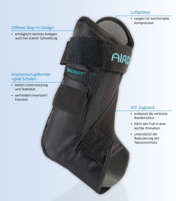 AIRCAST Sprunggelenkorthese mit Luftpolster, ATF Zugband und anatomisch geformten Schalen.
