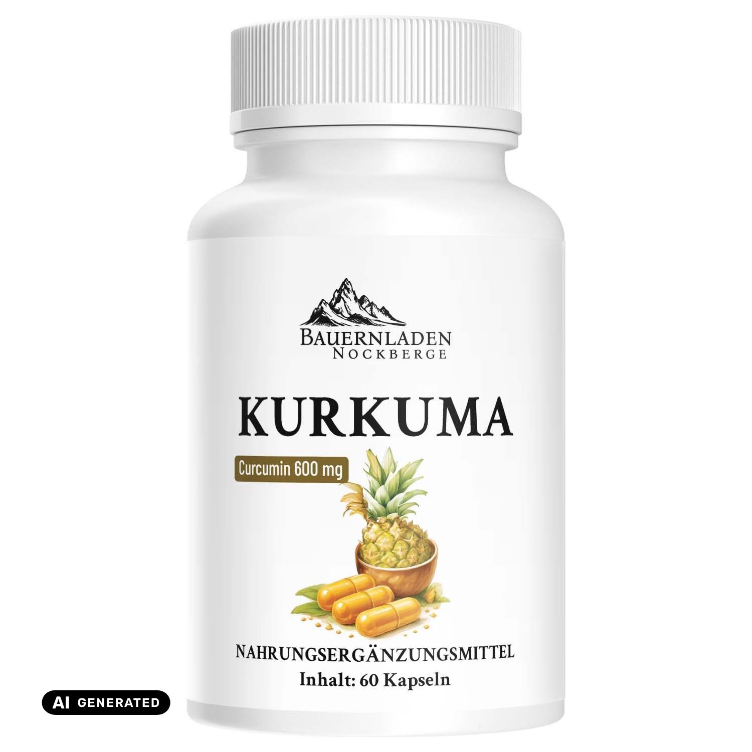 Flasche mit Kurkuma-Nahrungsergänzungsmitteln, mit Etikett 'BAUERNLADEN NOCKBERGE', Curcumin 600 mg.