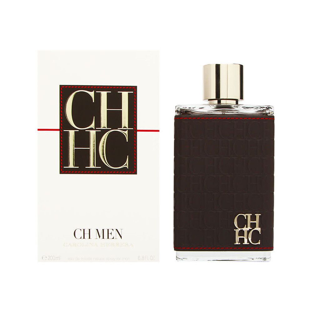 Flakon und Verpackung von CH Men Eau de Toilette. Schwarzes Leder, goldener Verschluss, Schriftzug CH. Weiße Verpackung mit Logo.