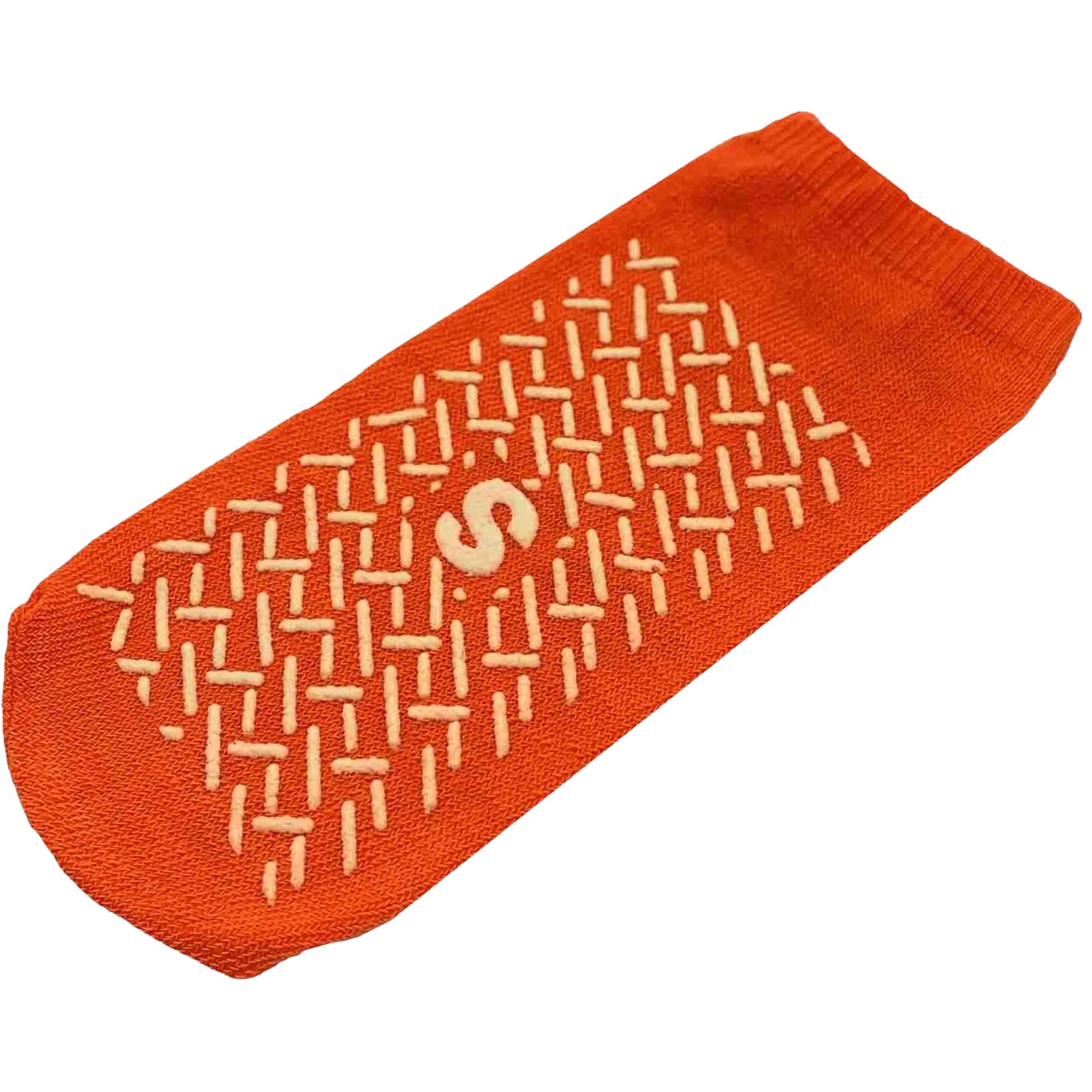 Einzelne orange Anti-Rutsch-Socke mit beidseitig beschichtetem Sohlenmuster und Größenkennzeichnung 'S'.