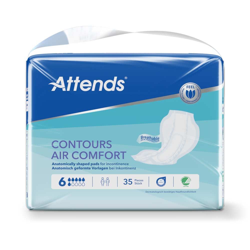 Verpackung von Attends Contours Air Comfort 6. Anatomisch geformte Vorlagen für Inkontinenz. 35 Stück. Mit Logo und Produktbezeichnung.