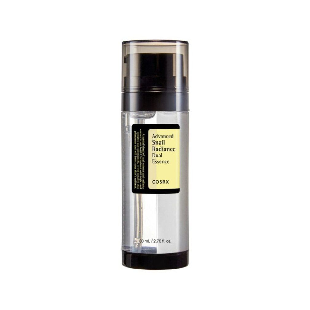 COSRX Advanced Snail Radiance Dual Essence Flasche mit Pumpspender, Vorderseite mit Etikett.