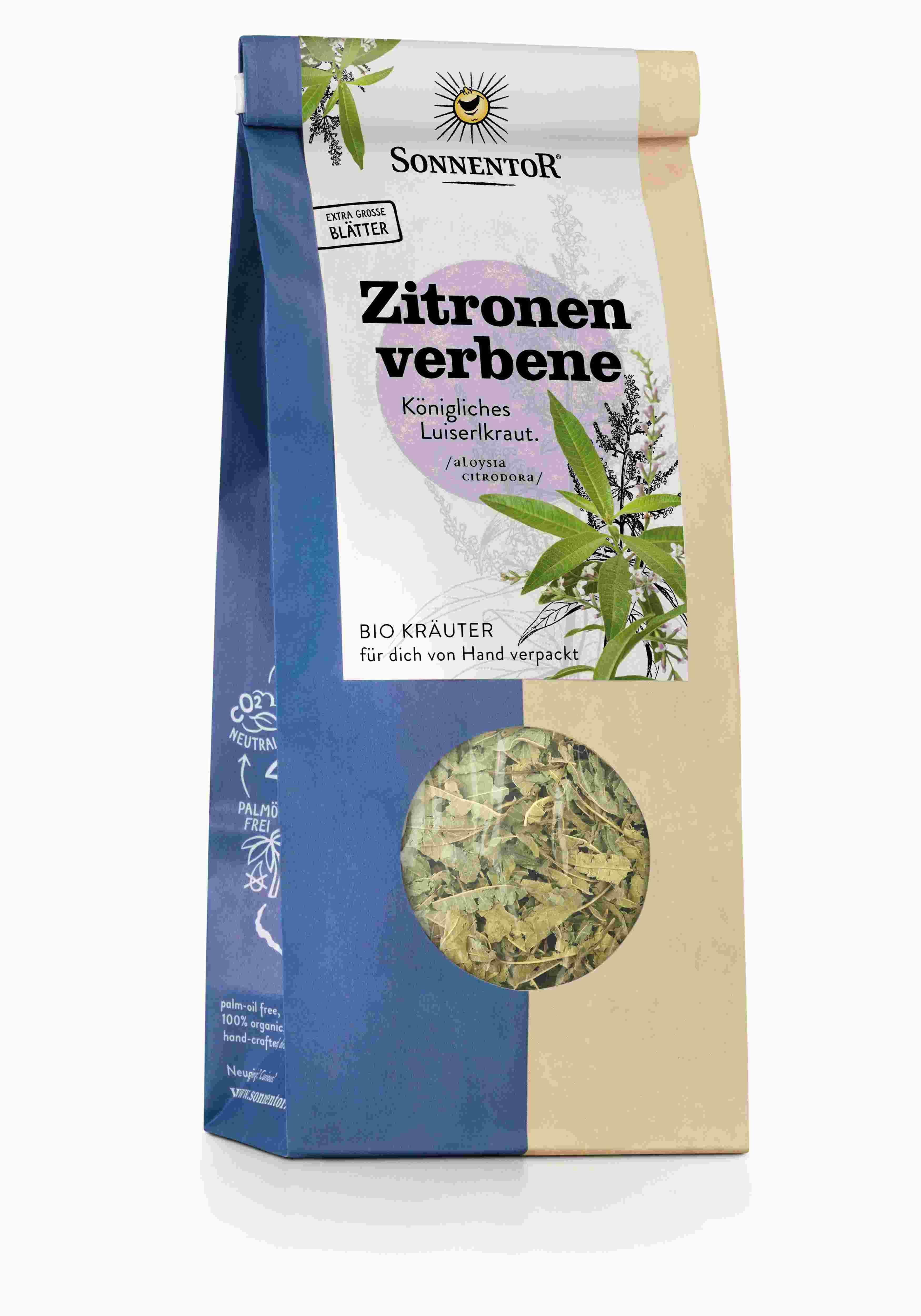 Verpackung von Zitronenverbene-Kräutern. Marke SonnentoR. Sichtfenster mit Kräutern. Bio-Qualität. Text: Zitronenverbene, Königliches Luiserlkraut.