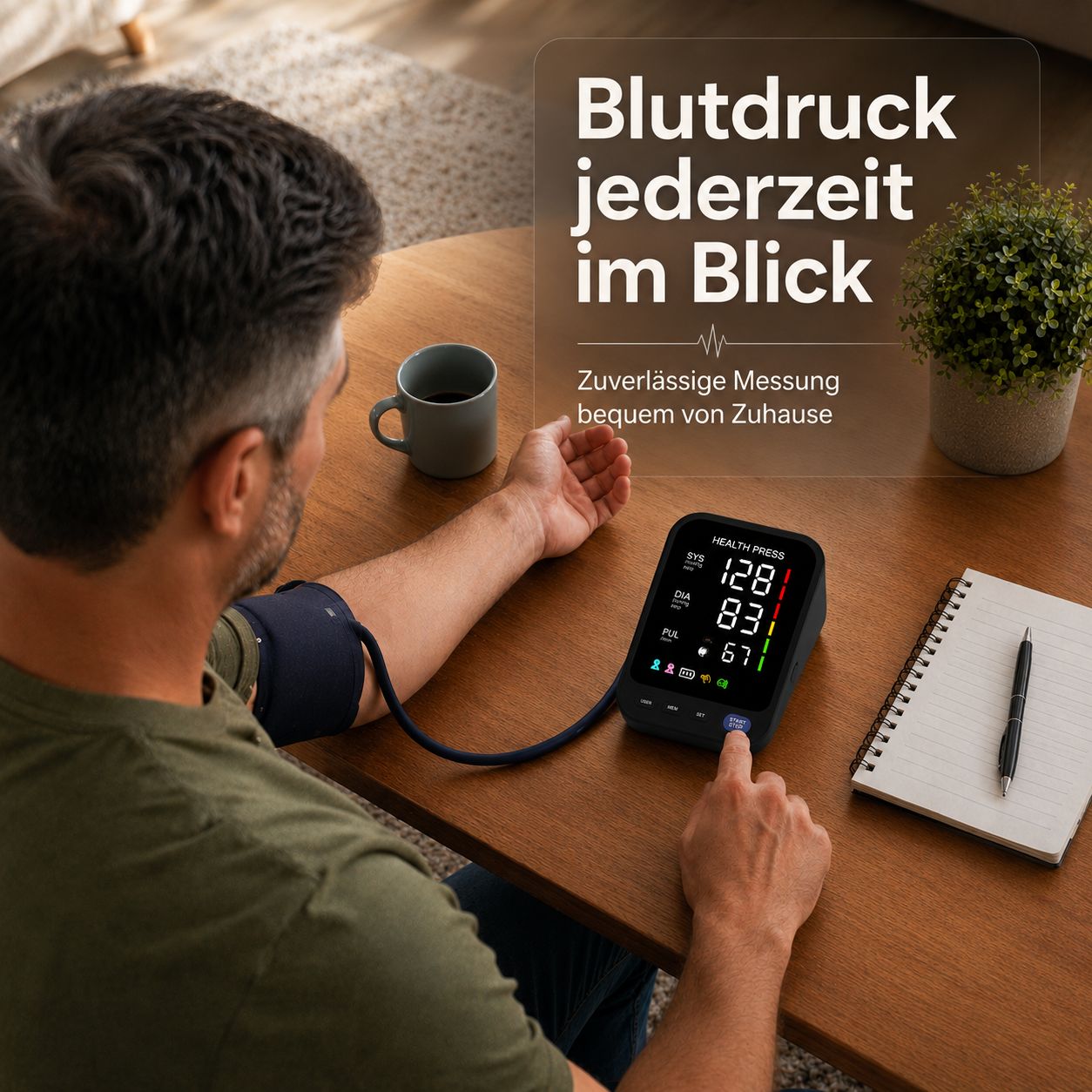 Mann misst Blutdruck zu Hause mit einem digitalen Oberarm-Messgerät.