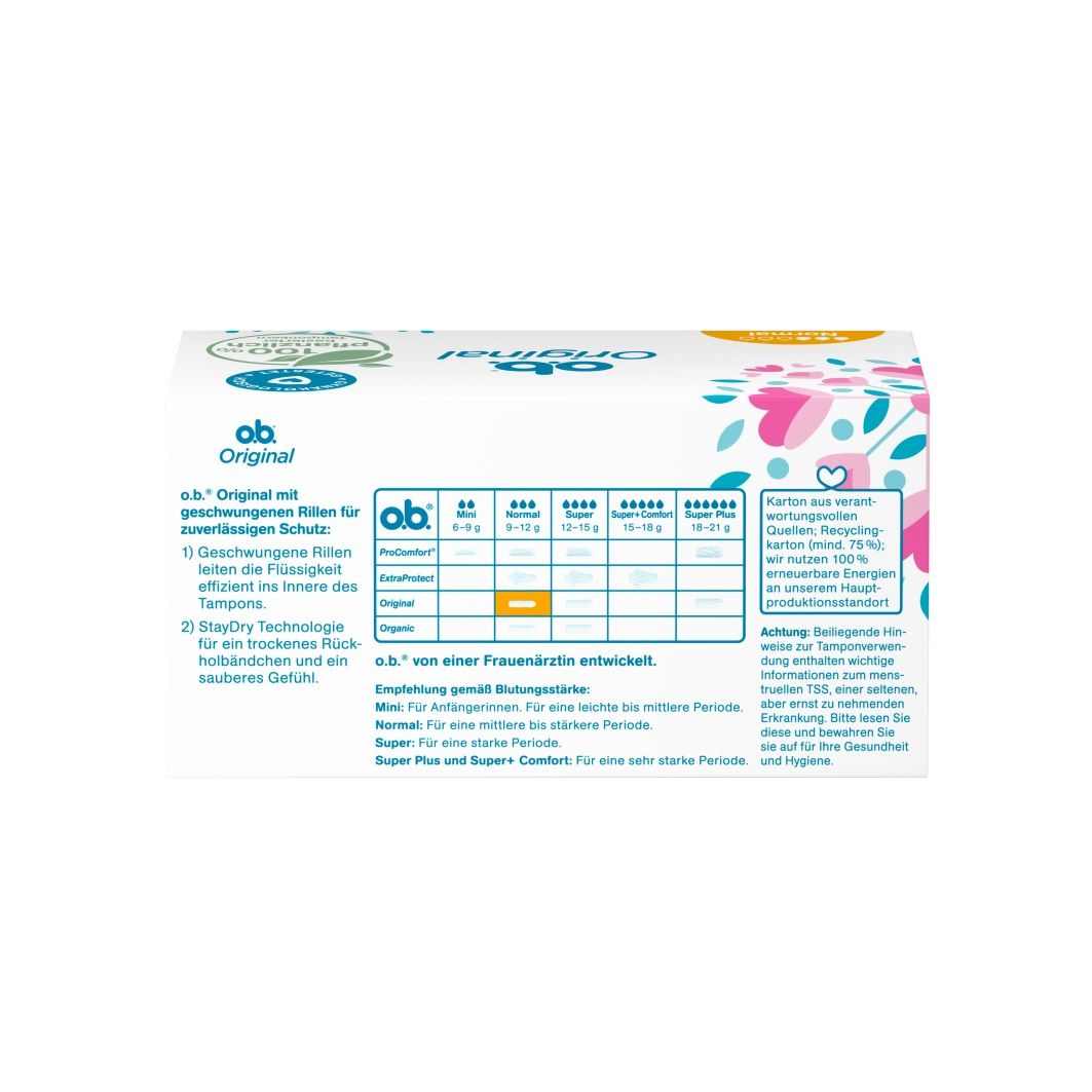 Tampon mit geschwungenen Rillen. Text: Zuverlässiger Schutz. Mit floralem Muster und Logo o.b..