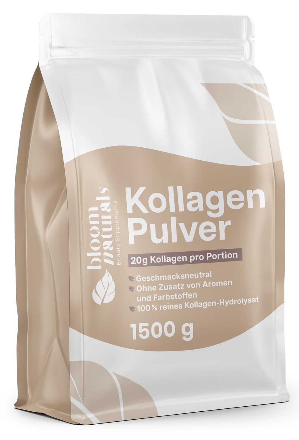Beutel mit Bloom Naturals Kollagen Pulver. Aufschrift: Kollagen Pulver, 20g Kollagen pro Portion, 1500 g.