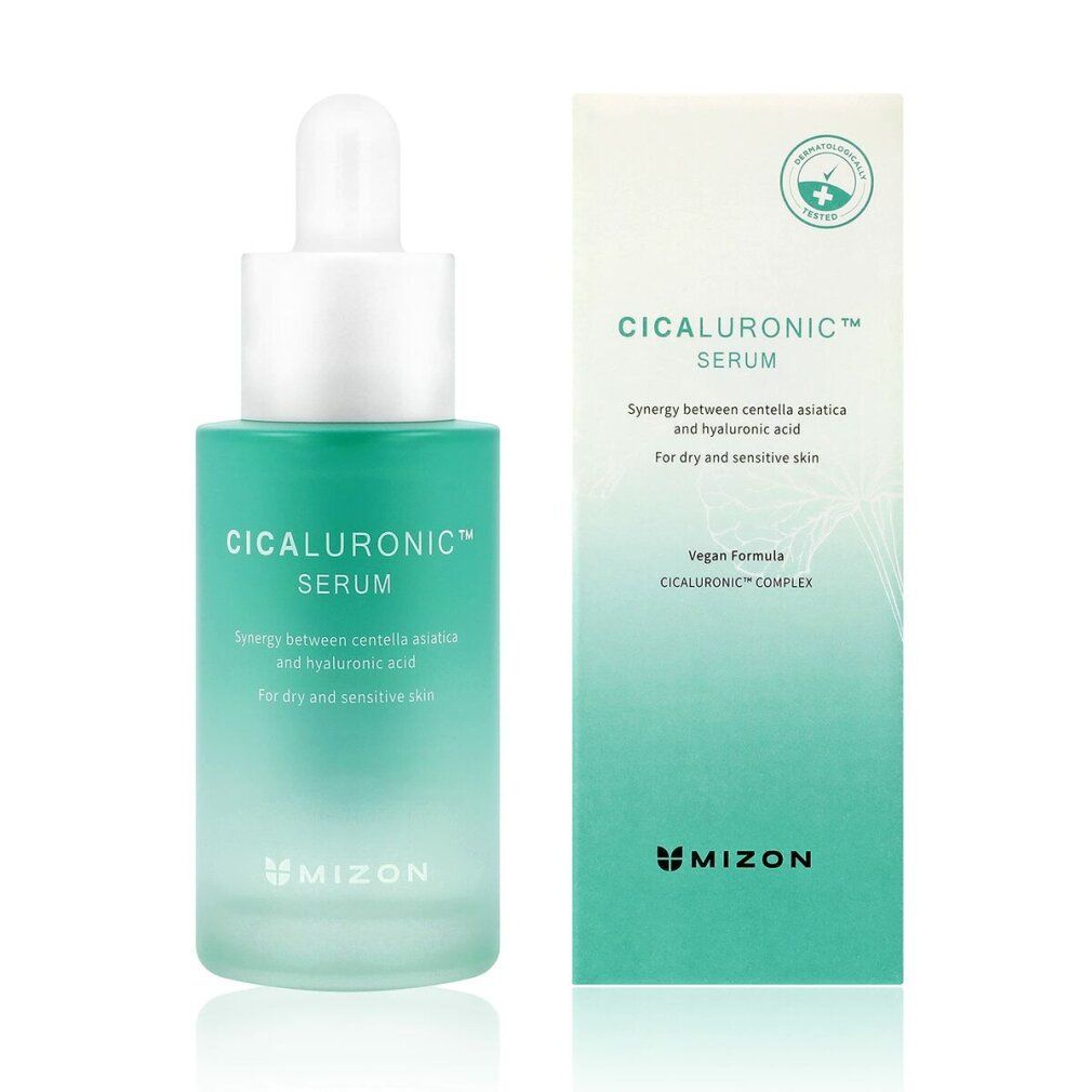 Grüne Serumflasche mit weißem Deckel und Karton. Aufschrift: Cicaluronic Serum. Marke: Mizon.