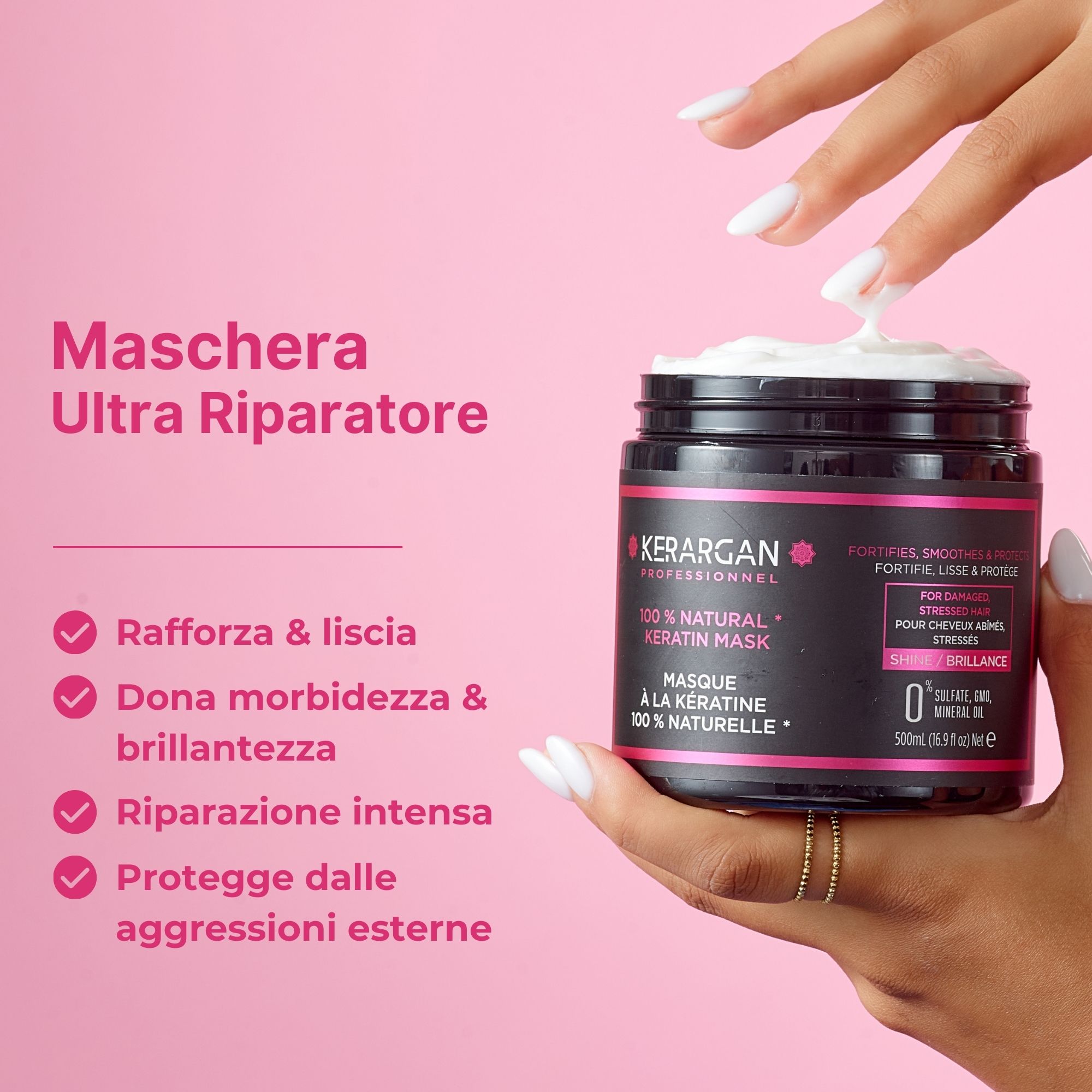 Barattolo di maschera, sfondo rosa. Scritta: Kerargan, 100% Natural Keratin Mask. Premio di bellezza.