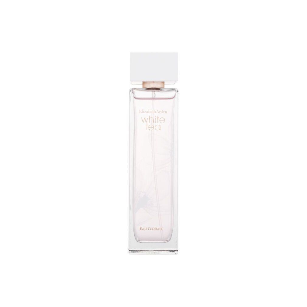 Parfümflakon. Weißer Flakon mit weißem Deckel. Aufschrift: White Tea Eau Florale. Transparenter Flakon mit rosa Flüssigkeit.