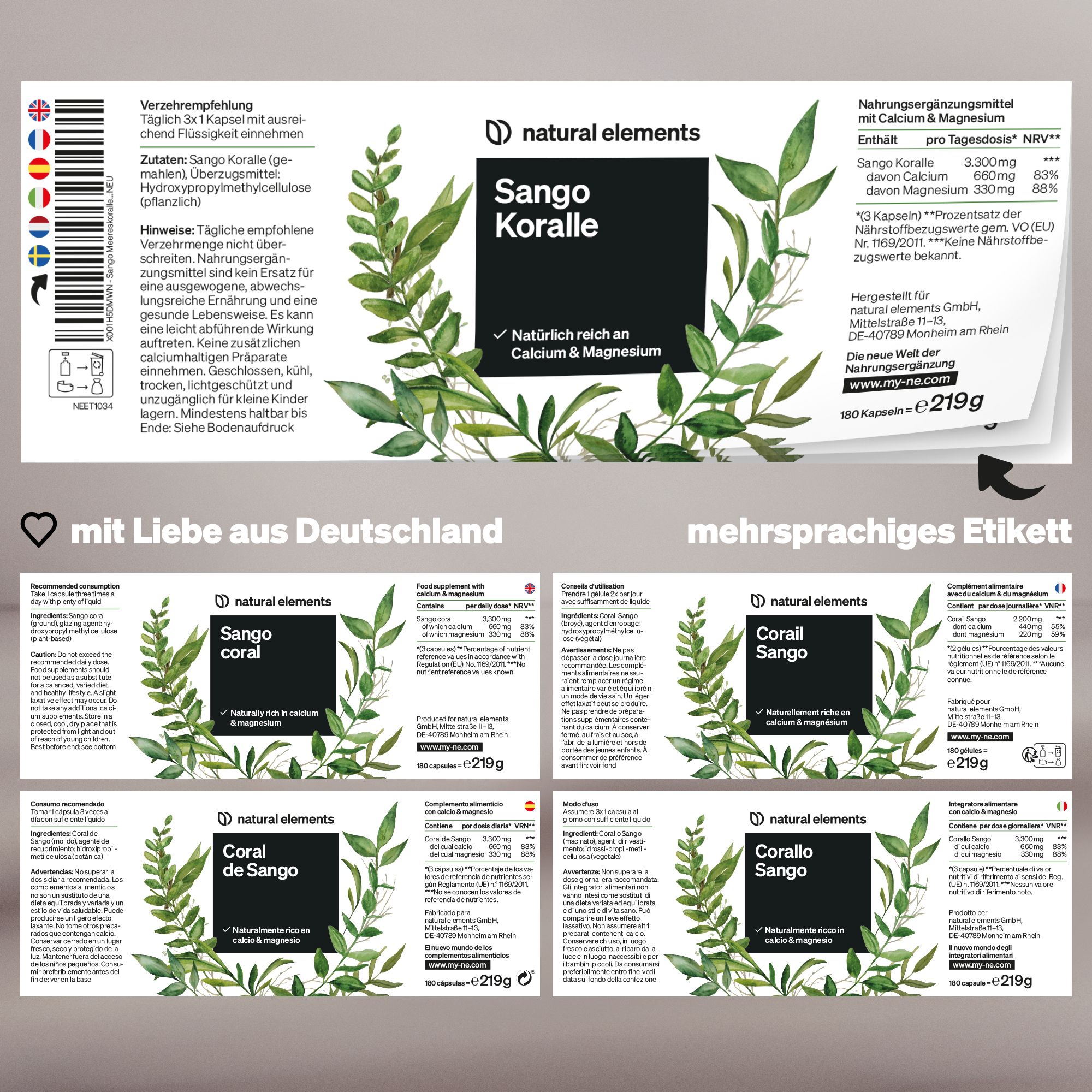 natural elements Sango Meereskoralle – 180 Kapseln – 660 mg Calcium – 330 mg Magnesium