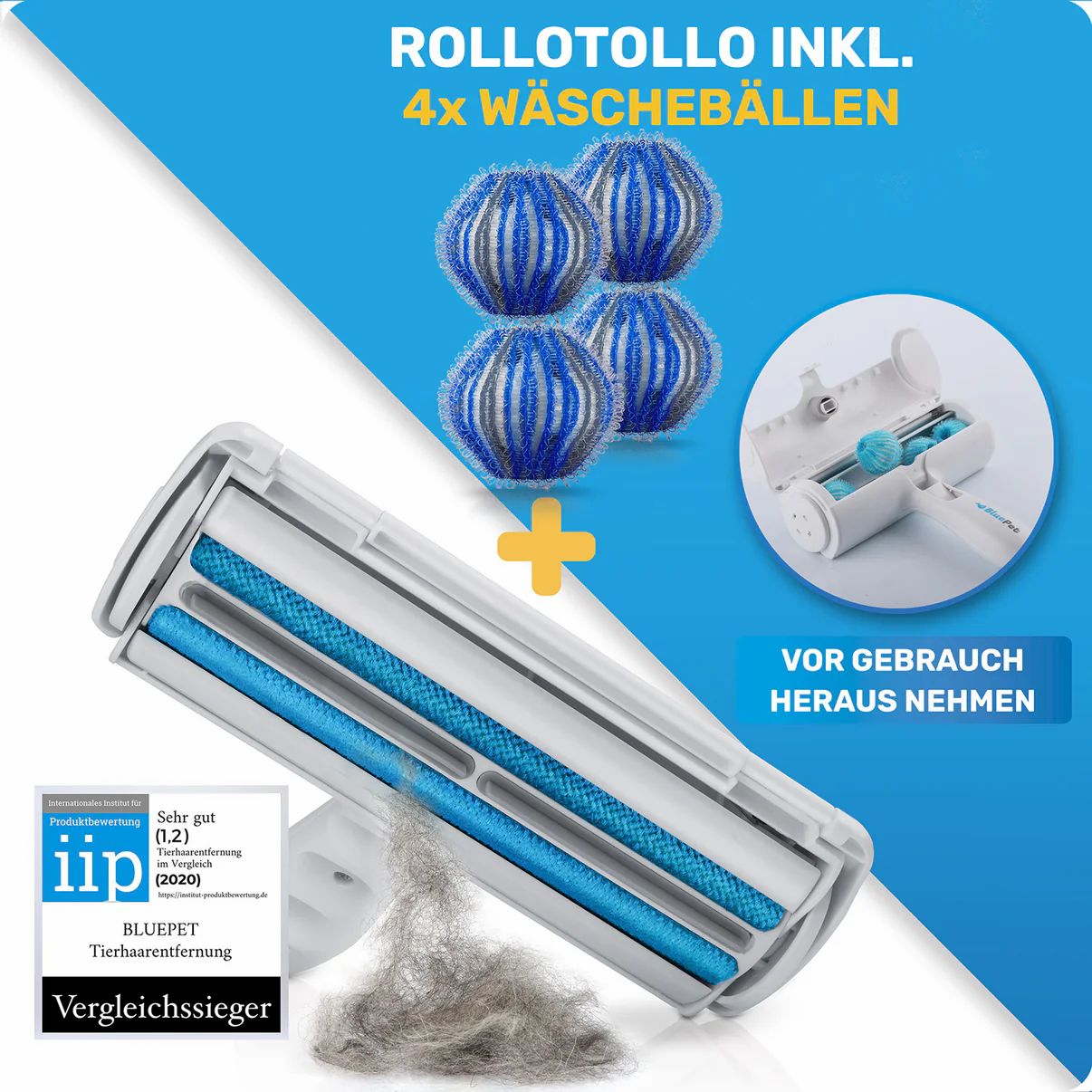 Tierhaarentferner mit blauen Rollen und 4 Wäschebällen. Text: RolloTollo inkl. 4x Wäschebällen.