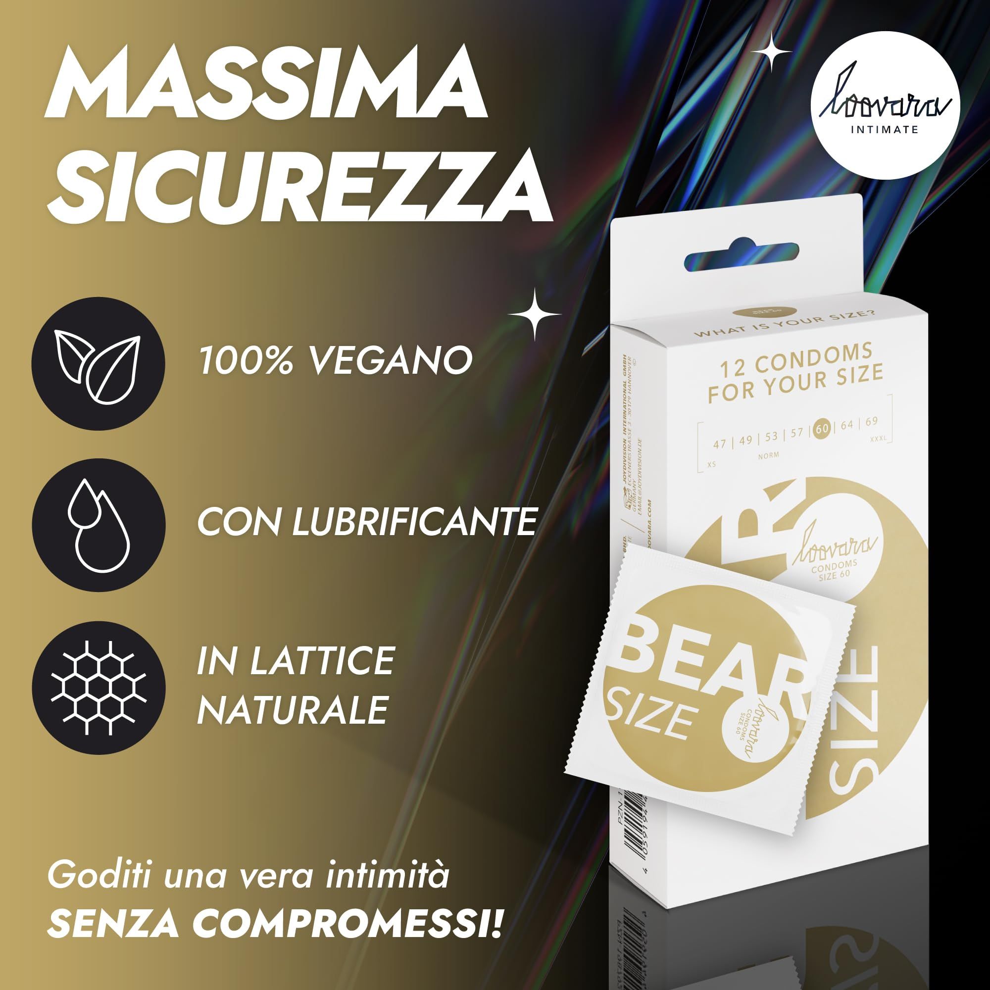 Verpackung Loovara Kondome: 100% vegan, mit Gleitmittel, aus Naturlatex. Maximale Sicherheit.