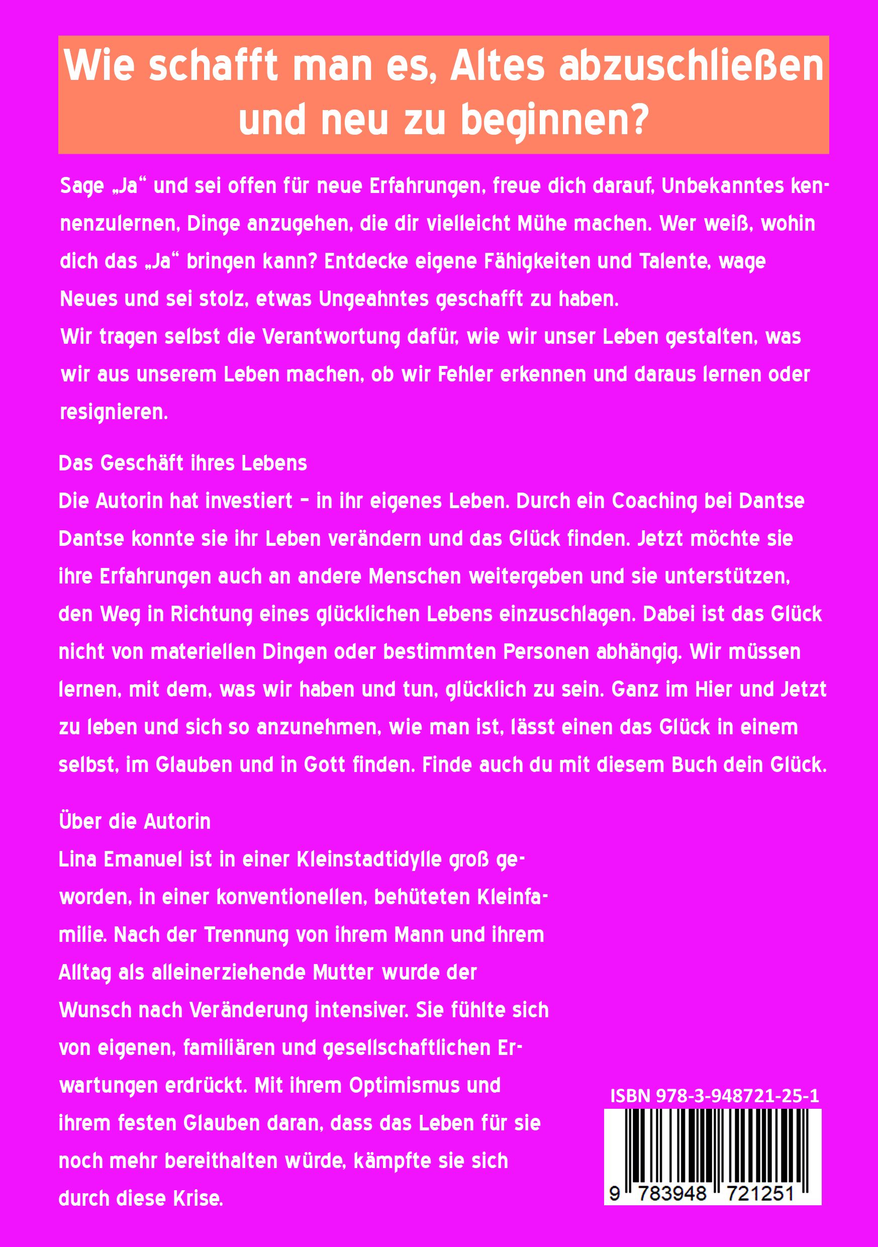 Buchrückseite "Und glücklich". Text in Deutsch. ISBN-Code und Barcode unten rechts.