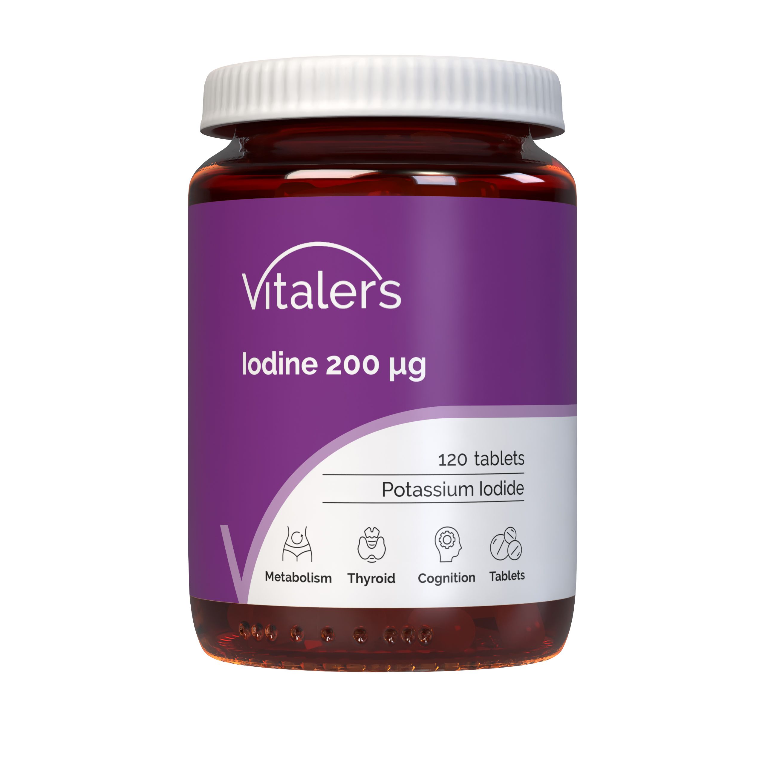 Vitaler's Jod 200 µg: Braune Glasflasche mit weißem Deckel, 240 Tabletten, Kaliumiodid.