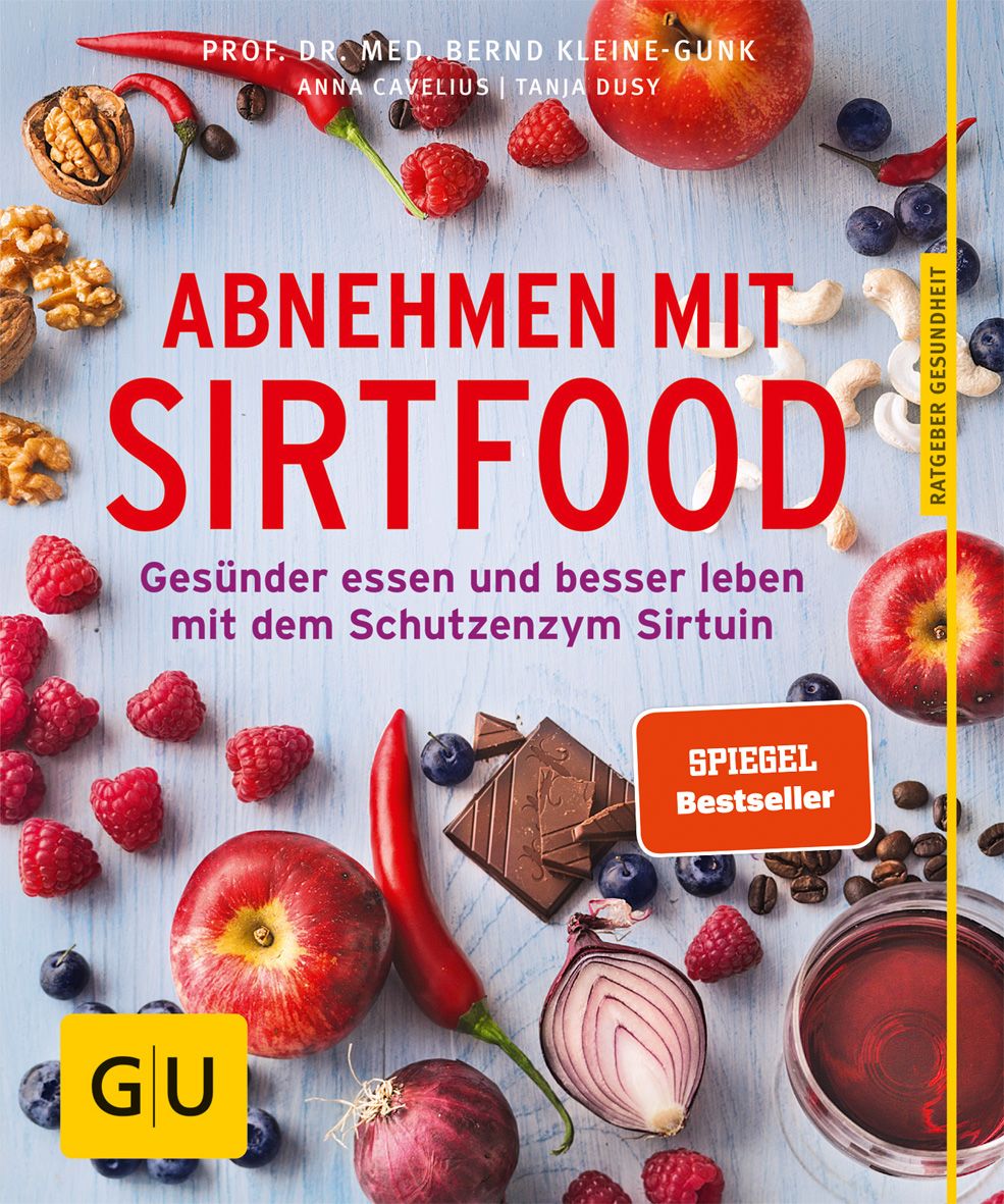 Buchcover mit Titel "Abnehmen mit Sirtfood". Obst, Nüsse und Schokolade umgeben den Titel. "SPIEGEL Bestseller" und "GU" Logos sichtbar.