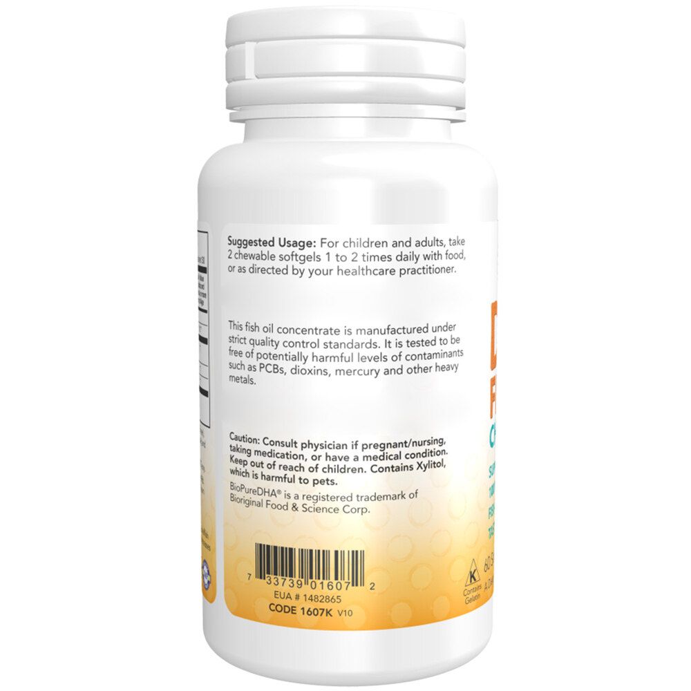 Rückseite der weißen Flasche. Enthält Anwendungshinweise. Enthält 100 mg DHA. Enthält 40 Softgels. Hergestellt von NOW FOODS.