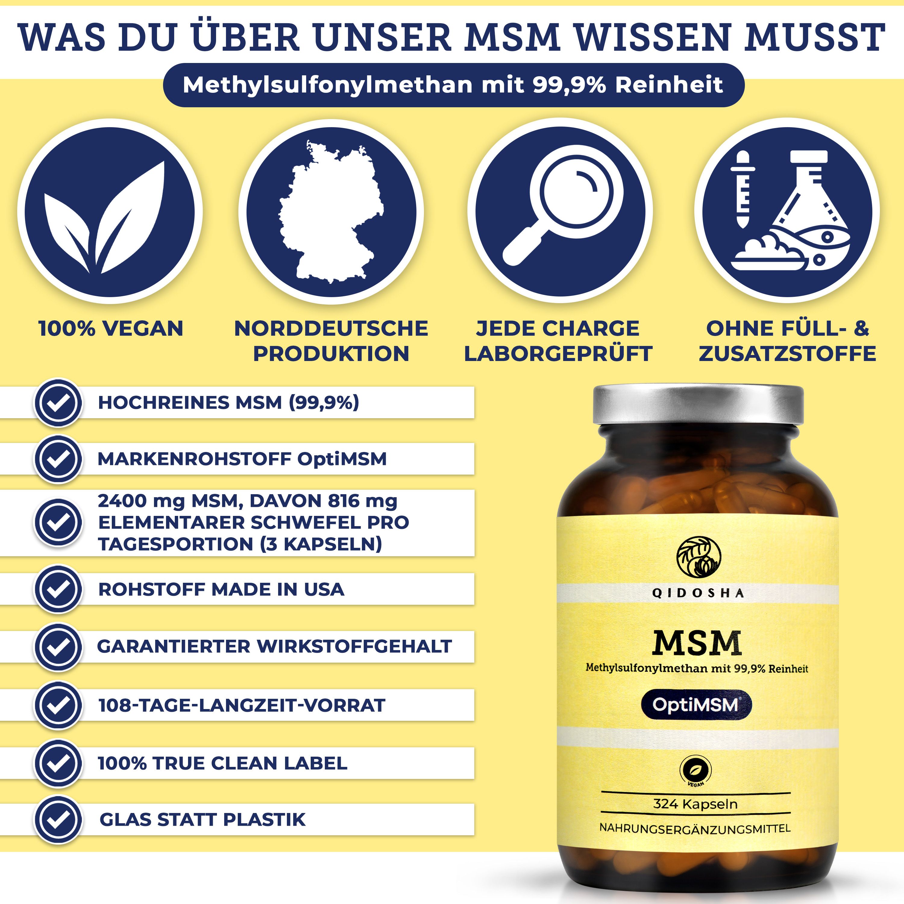 Produktflasche mit Informationen. Logos: 100% vegan, norddeutsche Produktion, Laborgeprüft, ohne Füllstoffe. MSM, OptiMSM®.