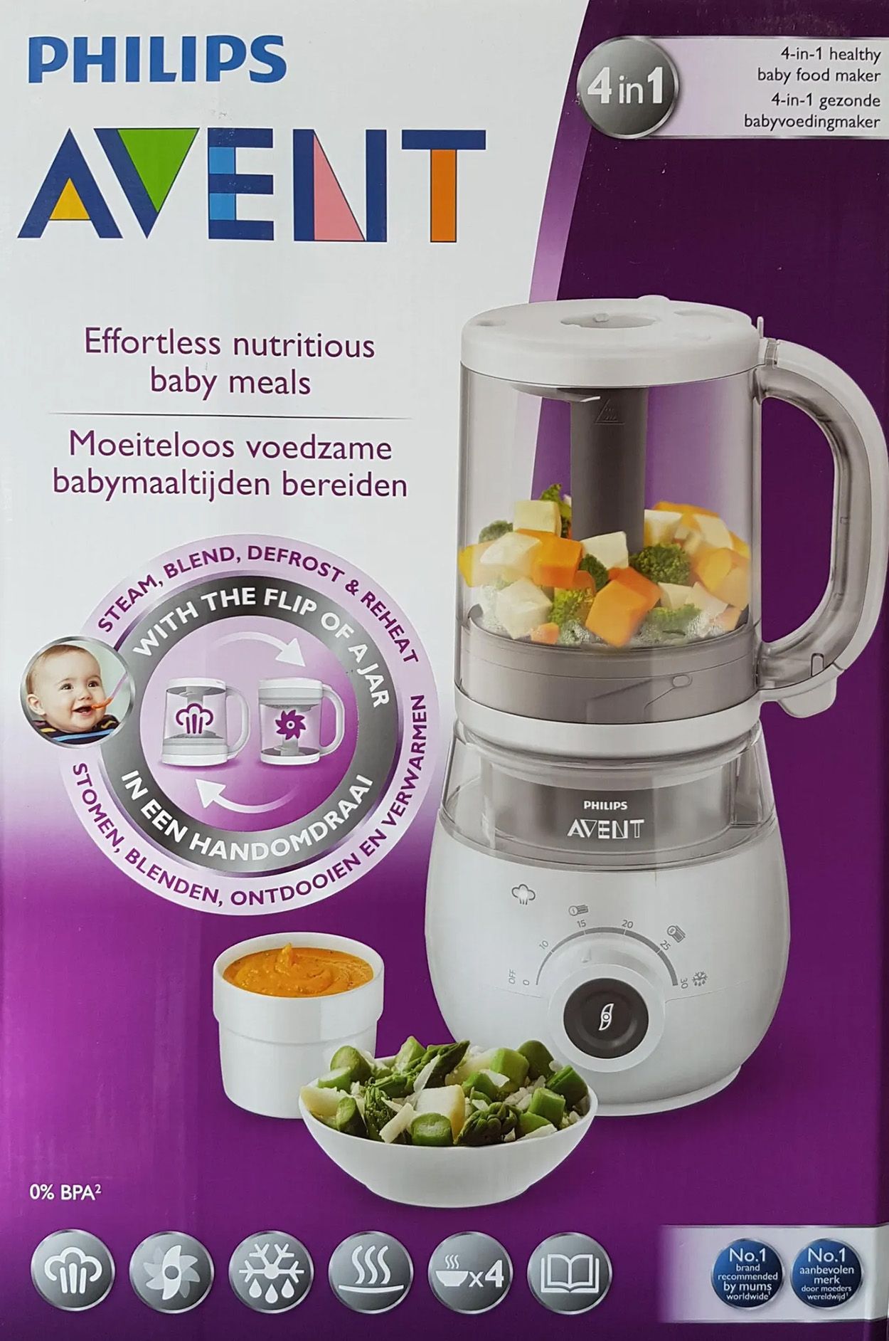 Verpackung des Babynahrungszubereiters. Philips AVENT Logo. 4-in-1-Funktion. Gemüse und Brei. Text in mehreren Sprachen.