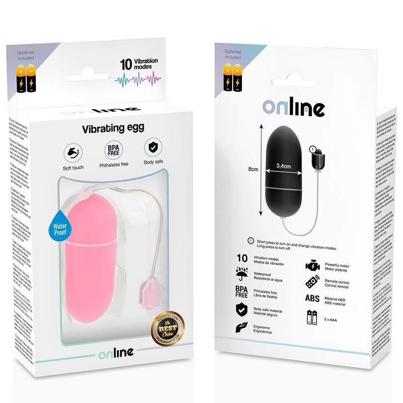 Verpackung mit rosa Wellness-Produkt. Text: 'Vibrating egg', 'Water Proof', 'BPA Free'.