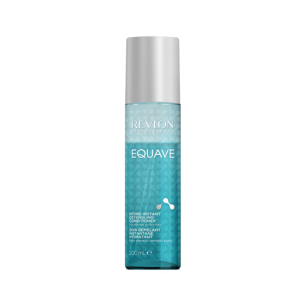 Revlon Equave Hydro Conditioner-Flasche. Silberner Deckel, blaue Flüssigkeit. Text: "Hydro Instant Detangling Conditioner".