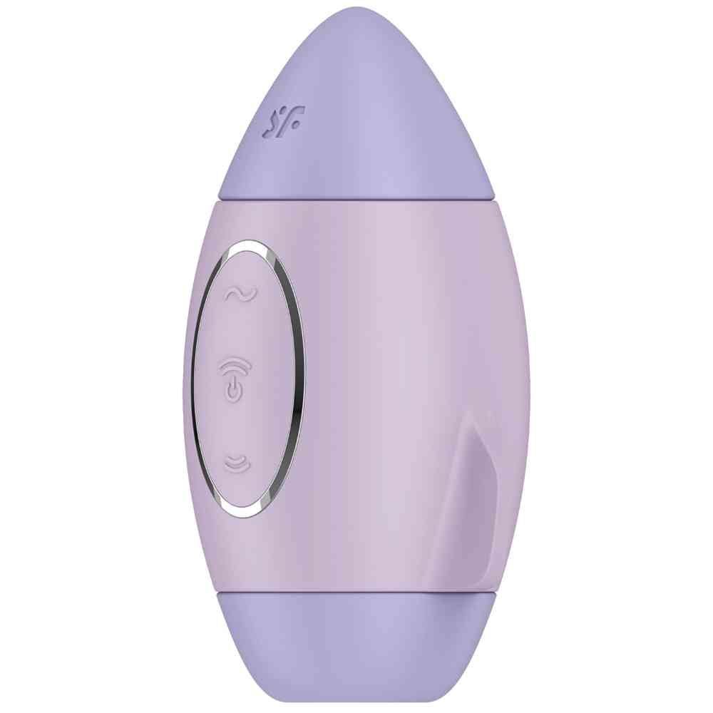 Lila Vibrator in Tropfenform. Mit drei Knöpfen und Logo. Aus Silikon.