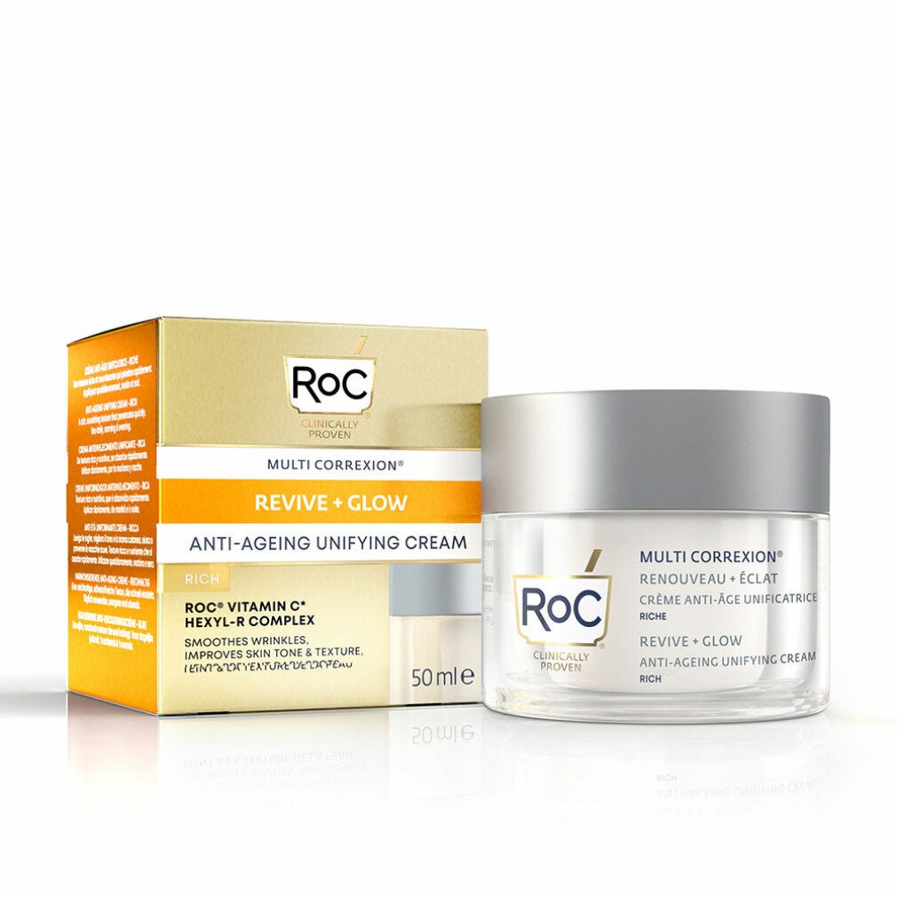 Cremetiegel und Verpackung. Aufschrift: Roc, Revive + Glow, Anti-Ageing Unifying Cream, 50ml.