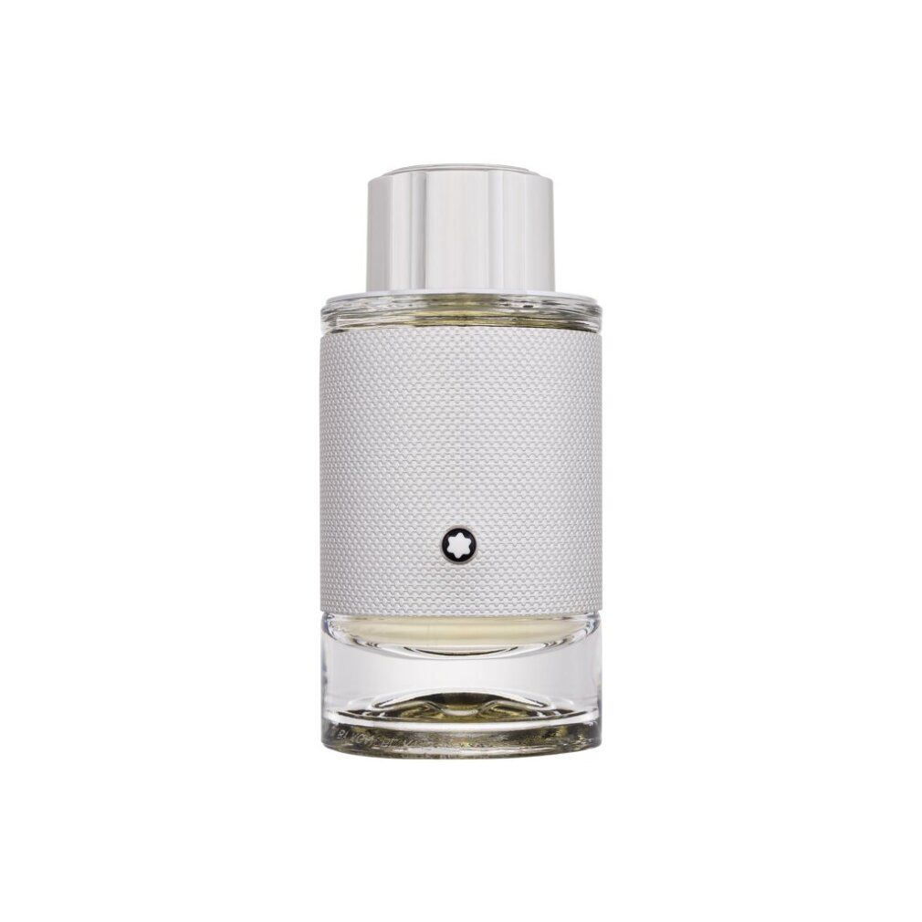 Montblanc Explorer Platinum Eau de Parfum Flakon mit silberner Textur und Montblanc-Logo.