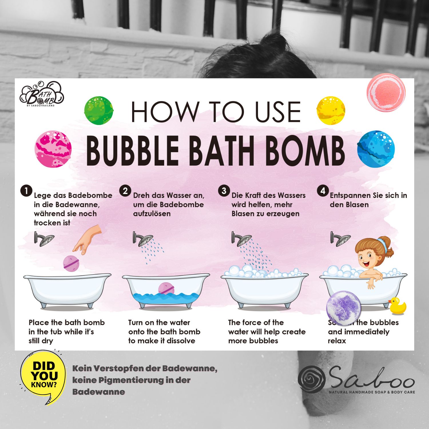 Anleitung zur Verwendung von Bubble Bath Bomben. Illustrationen mit Text in Deutsch.