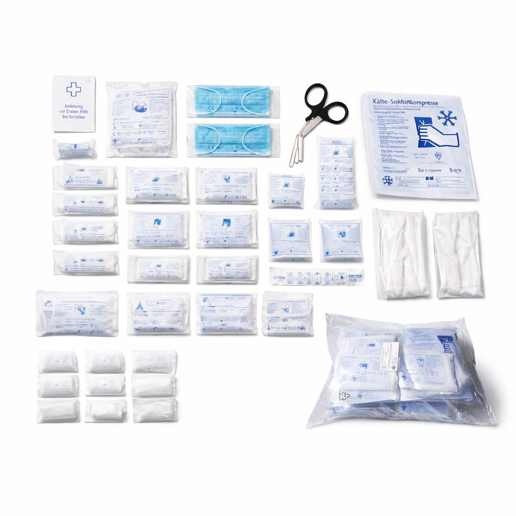 Inhalt eines Erste-Hilfe-Sets. Enthält Masken, Schere, Verbandmaterial, Kompressen. Einzeln verpackt.
