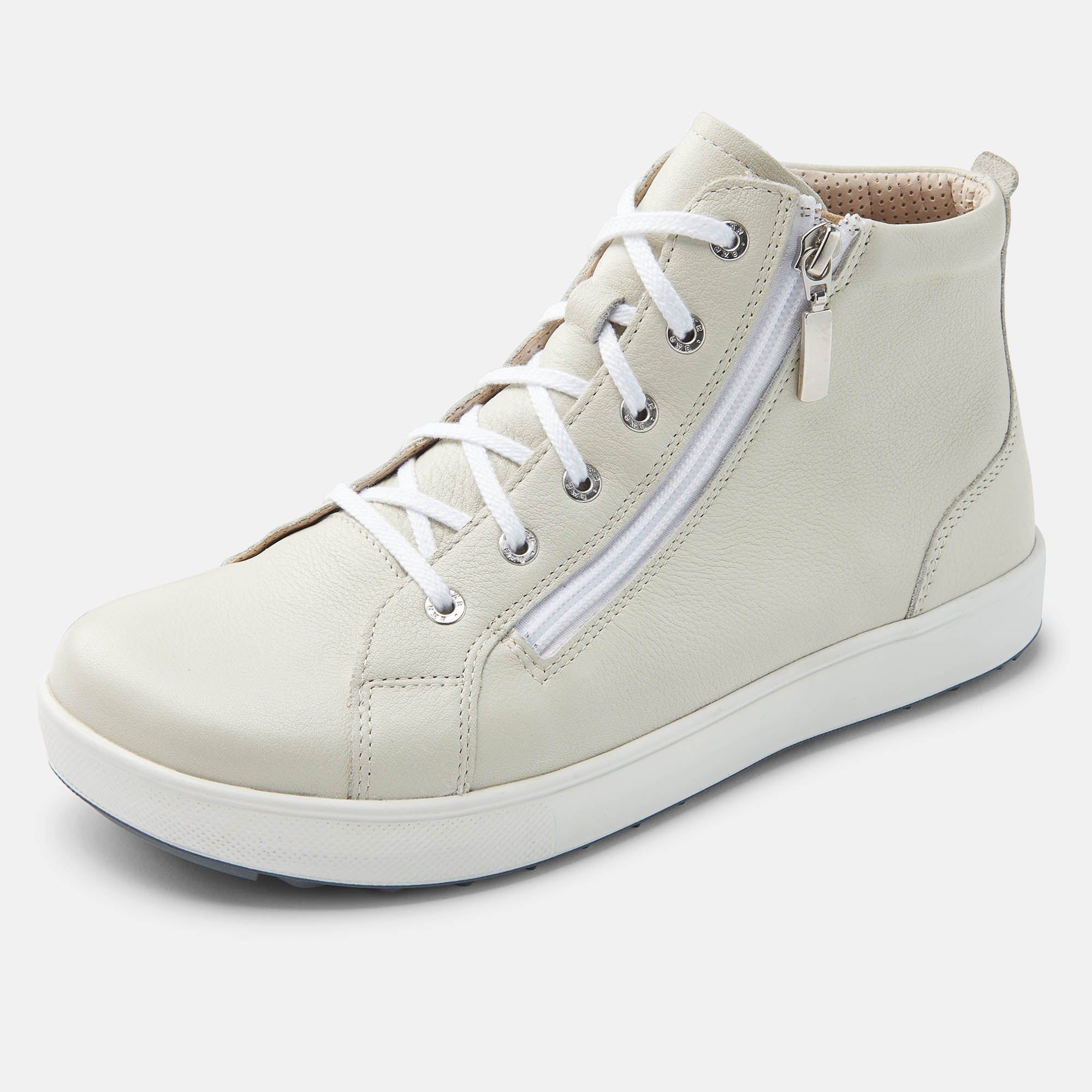 Cremefarbene Stiefelette mit Schnürsenkeln und Reißverschluss. Weiße Sohle, breite Passform.