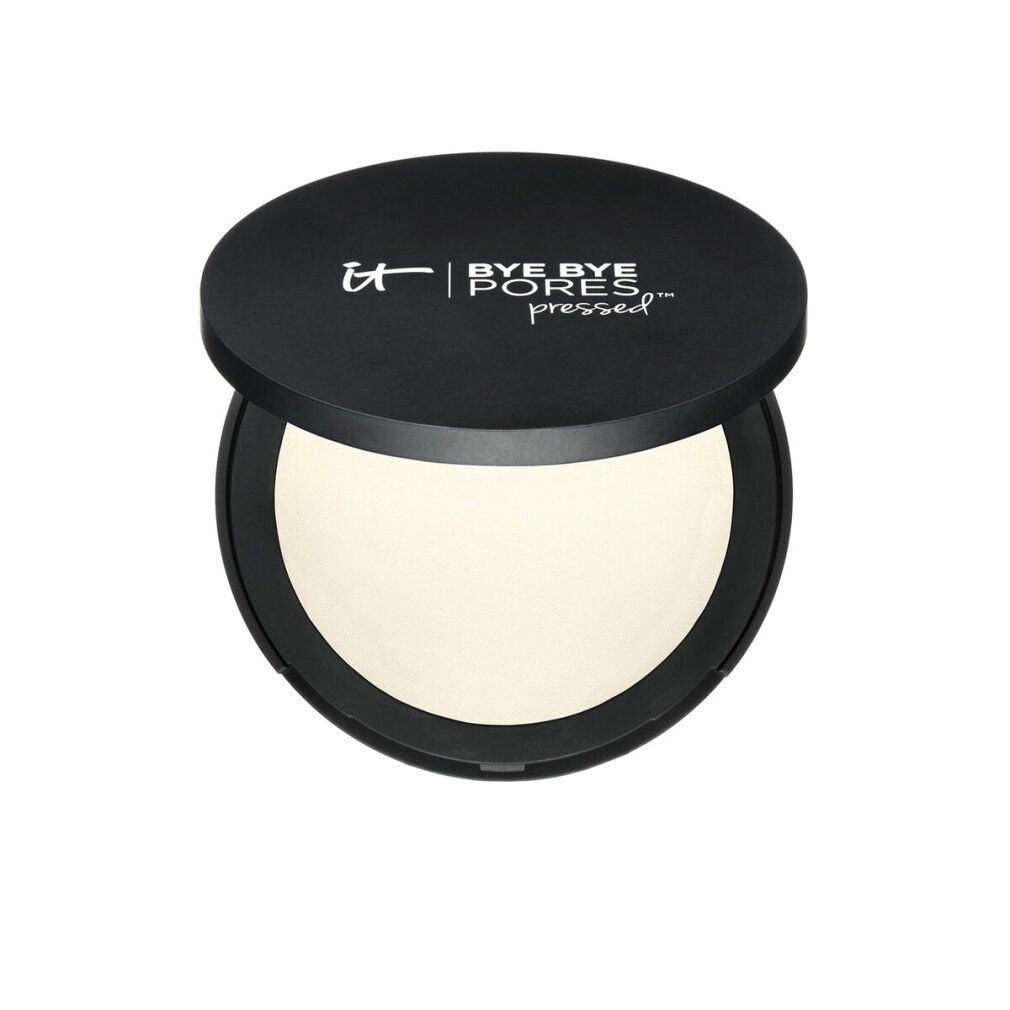 Runde, schwarze Puderdose mit Deckel. Auf dem Deckel steht "it BYE BYE PORES pressed". Die Dose ist geöffnet und zeigt helles Puder.