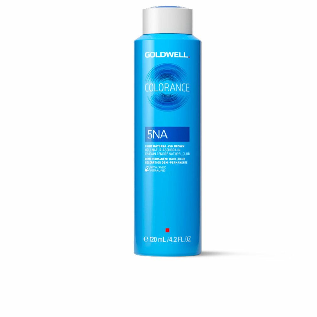 Blaue Flasche mit weißem Deckel. Aufschrift GOLDWELL, COLORANCE, 5NA. Produktinformationen und rotes Logo. Volumenangabe.