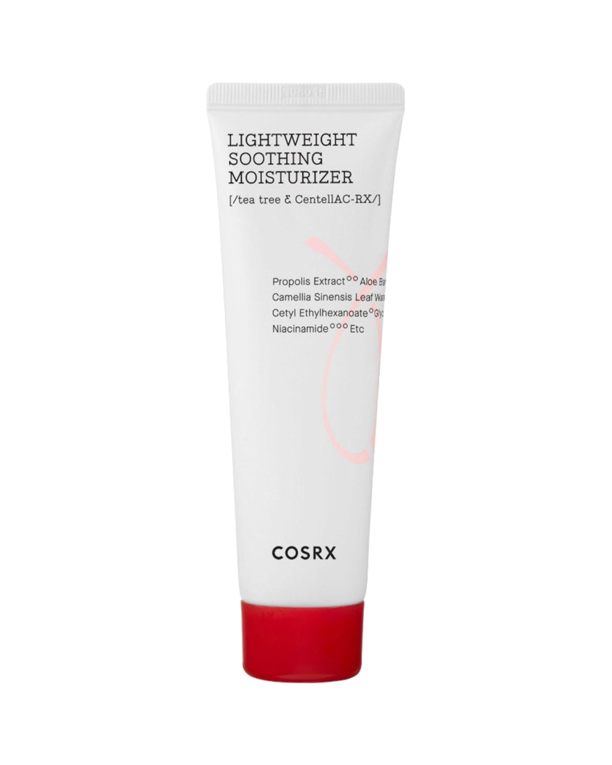 Weiße Tube mit rotem Boden. Aufschrift: LIGHTWEIGHT SOOTHING MOISTURIZER, COSRX. Enthält Inhaltsstoffe wie Propolis Extract, Aloe Barbadensis.