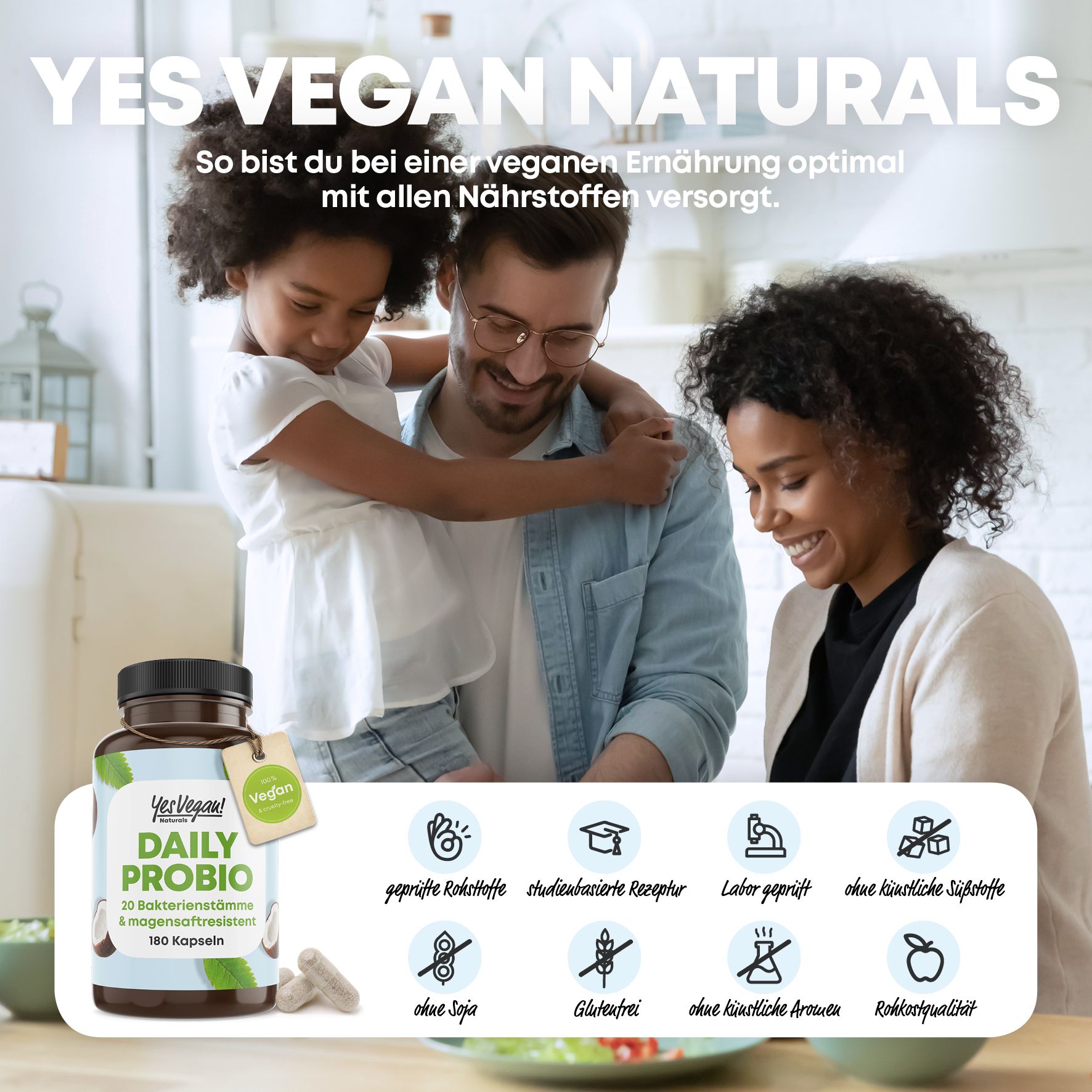 Yes Vegan® Daily Probio – 20 Bakterienstämme, 100 Mrd. KBE, vegan & magensaftresistent – 180 Kapseln