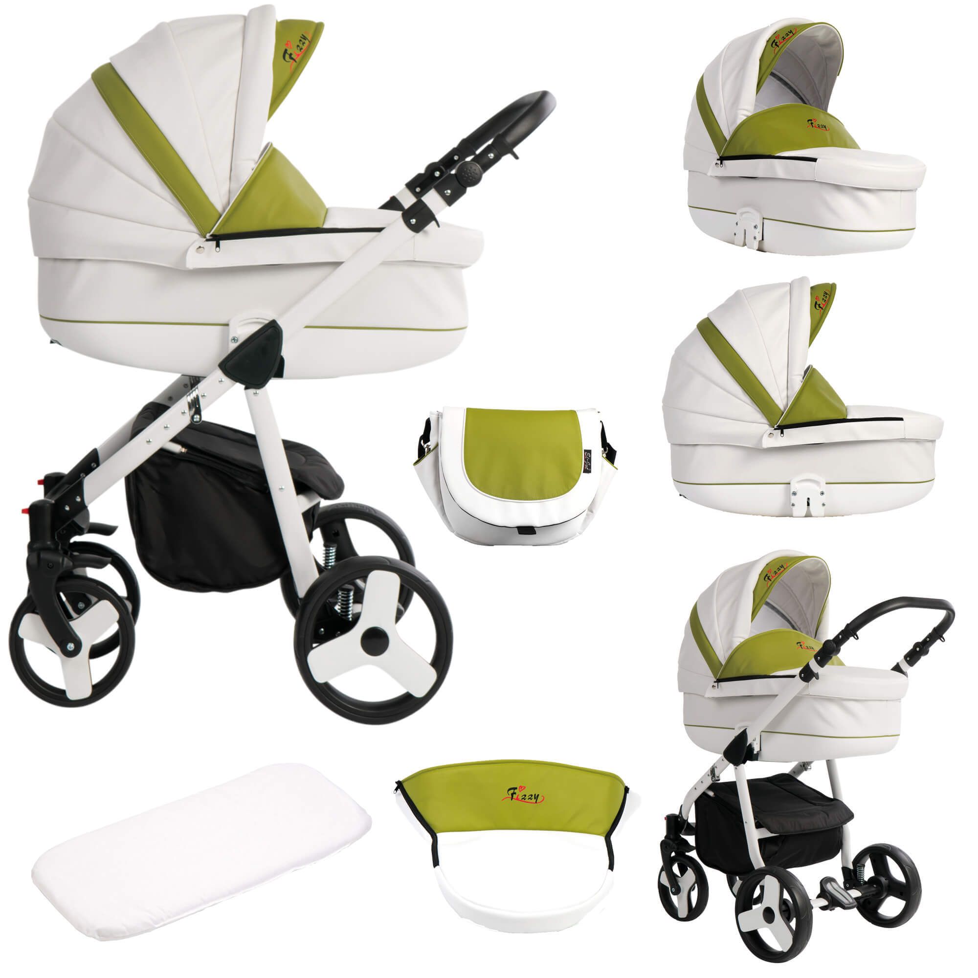 Bebebi Fizzy 4 in 1 Kinderwagen Komplettset ISOFIX Basis Hartgummireifen, Avocado