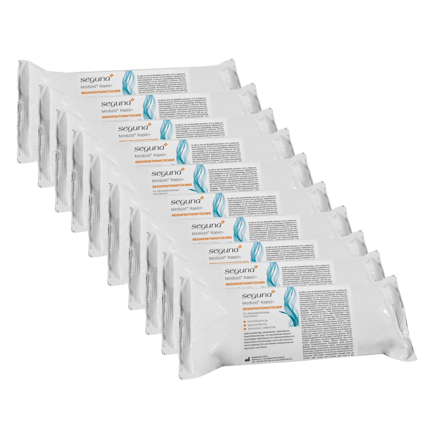 Mehrere Packungen SEGUNA Medizid Rapid+ Desinfektionstücher, weiß. Verpackung mit Produktinformationen und Logo. Stapelweise angeordnet.