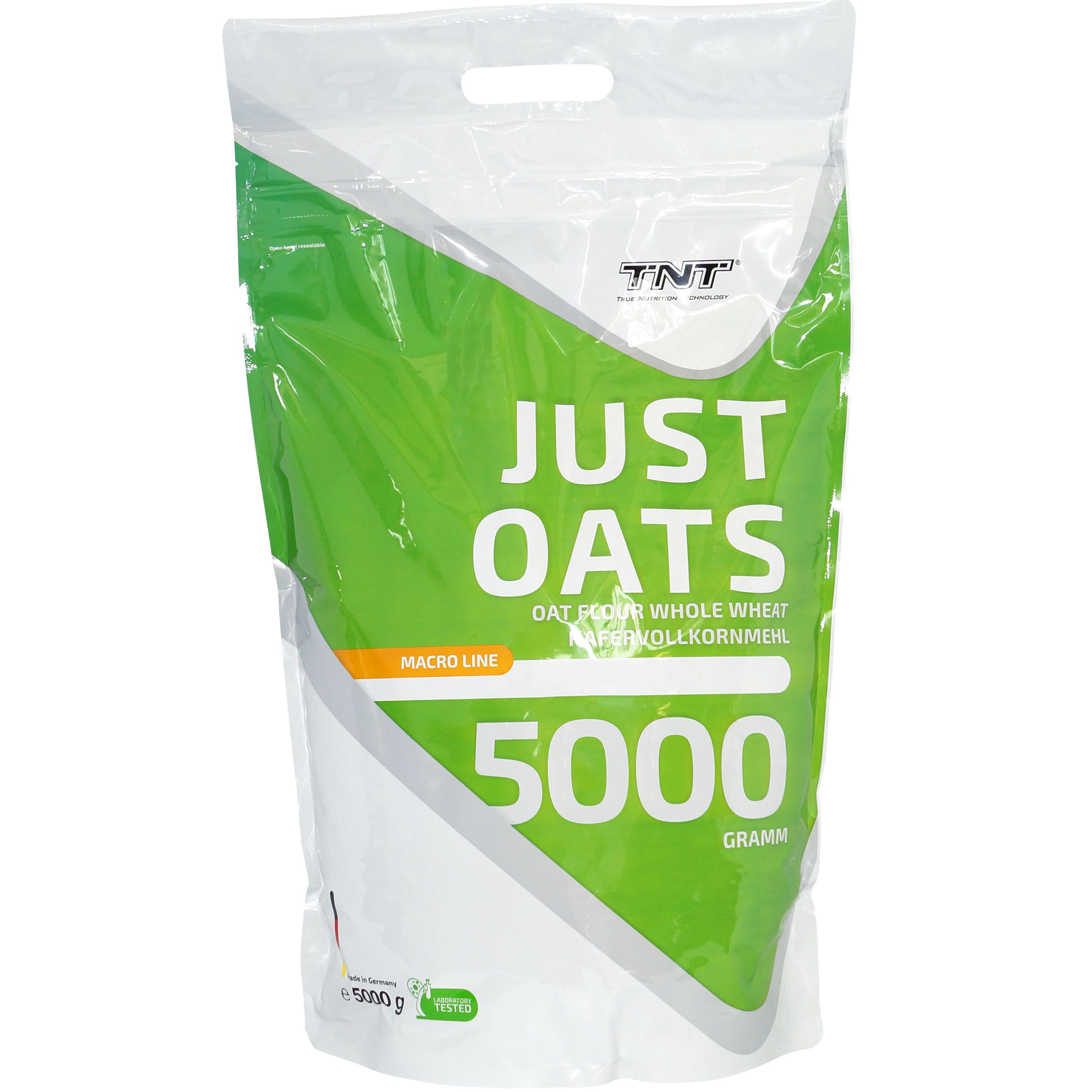 Beutel mit "JUST OATS" und "5000 Gramm" Aufdruck. Grün-weißes Design, Tragegriff.