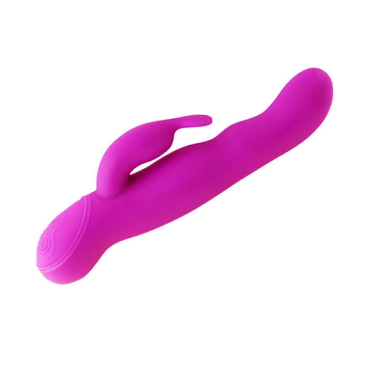 Lila Vibrator mit gebogener Form und einem kleineren Teil. Auf weißem Hintergrund.