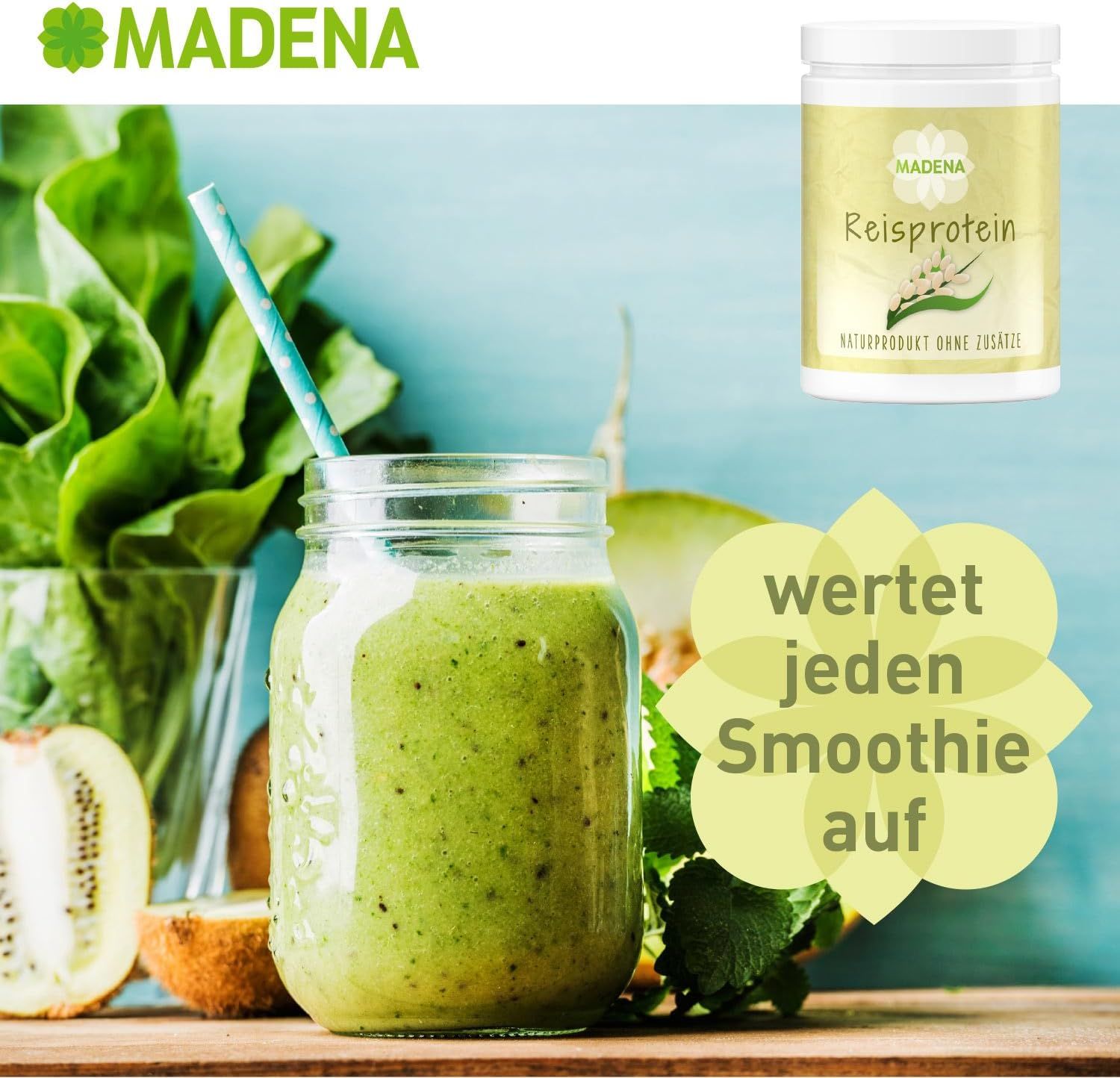 Grüner Smoothie in einem Glas mit Strohhalm, daneben eine Dose mit dem Produktnamen. Textblase: Wertet jeden Smoothie auf.