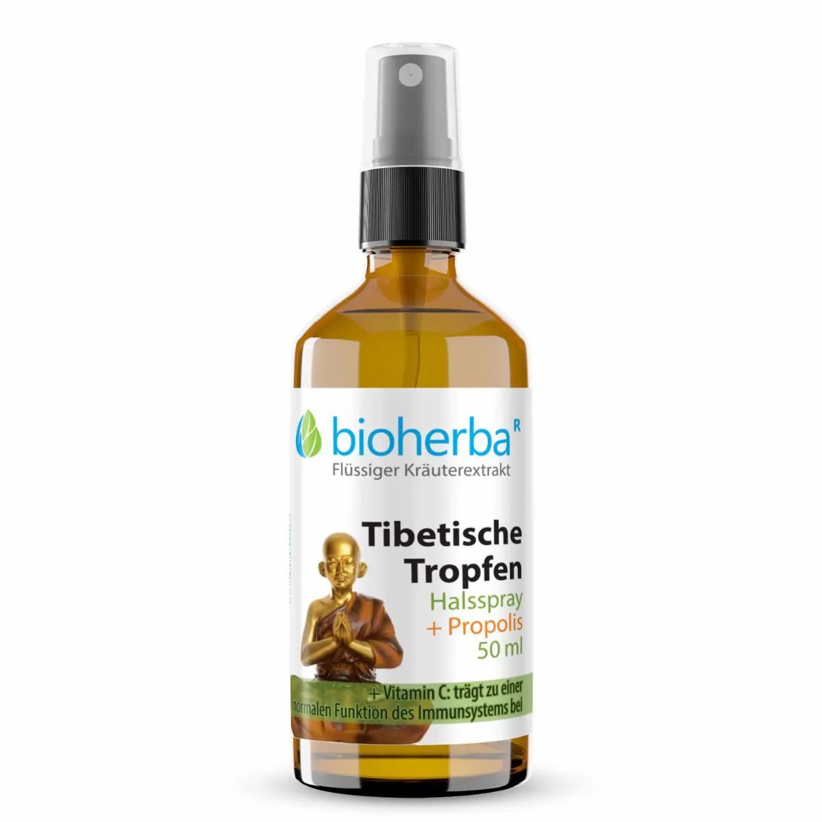 Braune Glasflasche mit Sprühkopf. Beschriftung: Bioherba, Tibetische Tropfen, Halsspray + Propolis, 50 ml. Abbildung eines Mönchs.
