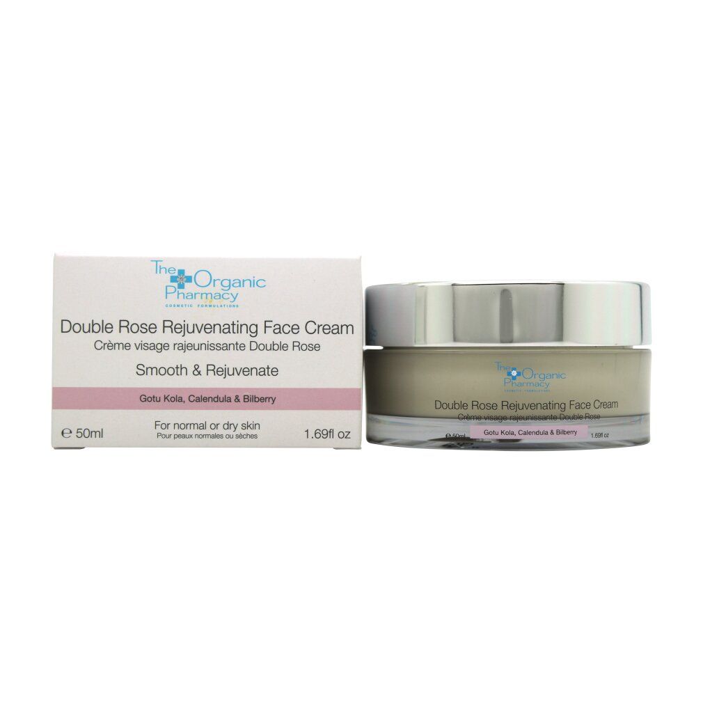 Creme-Glas und Schachtel. Aufschrift: Double Rose Rejuvenating Face Cream. Für normale oder trockene Haut. 50ml.