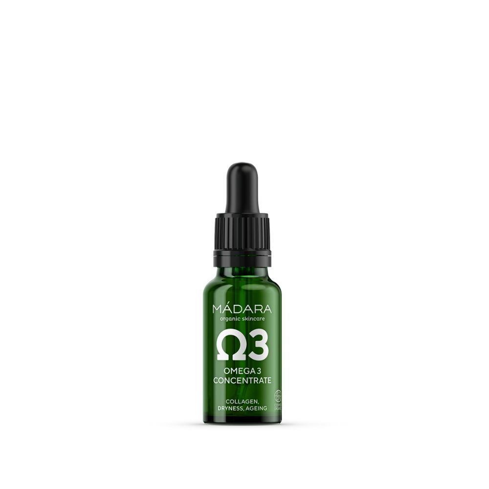 Grüne Glasflasche mit schwarzem Tropfer. Aufschrift: MÁDARA, Omega 3 Concentrate, Q3. Für Kollagen, Trockenheit, Alterung.
