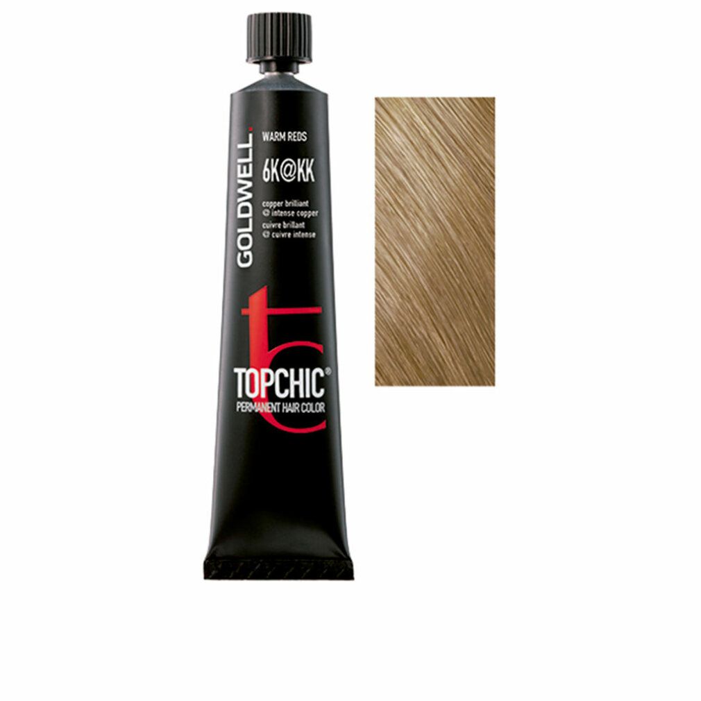 Goldwell Topchic Haarfarbe, Tube und Farbmuster. Schwarze Tube mit Text, Farbbezeichnung 6K@KK, Kupfer. Farbmuster in Blond.