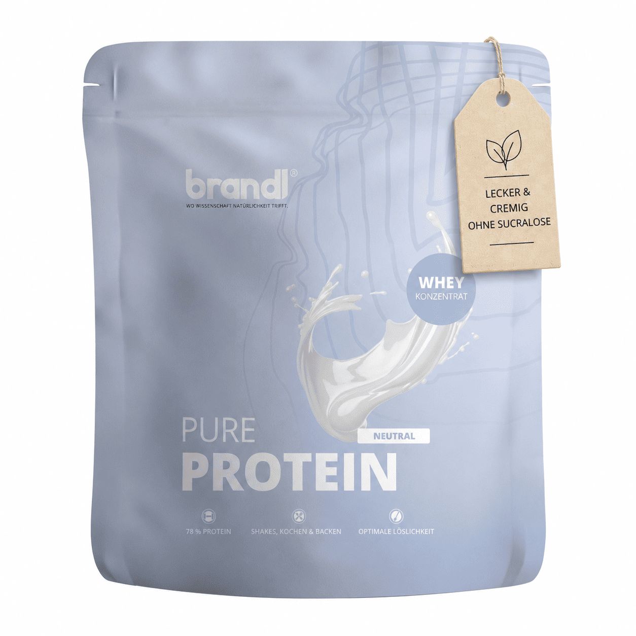 Produktverpackung mit Anhänger. Text: Pure Protein, Whey Konzentrat, Lecker & cremig ohne Sucralose, Neutral.