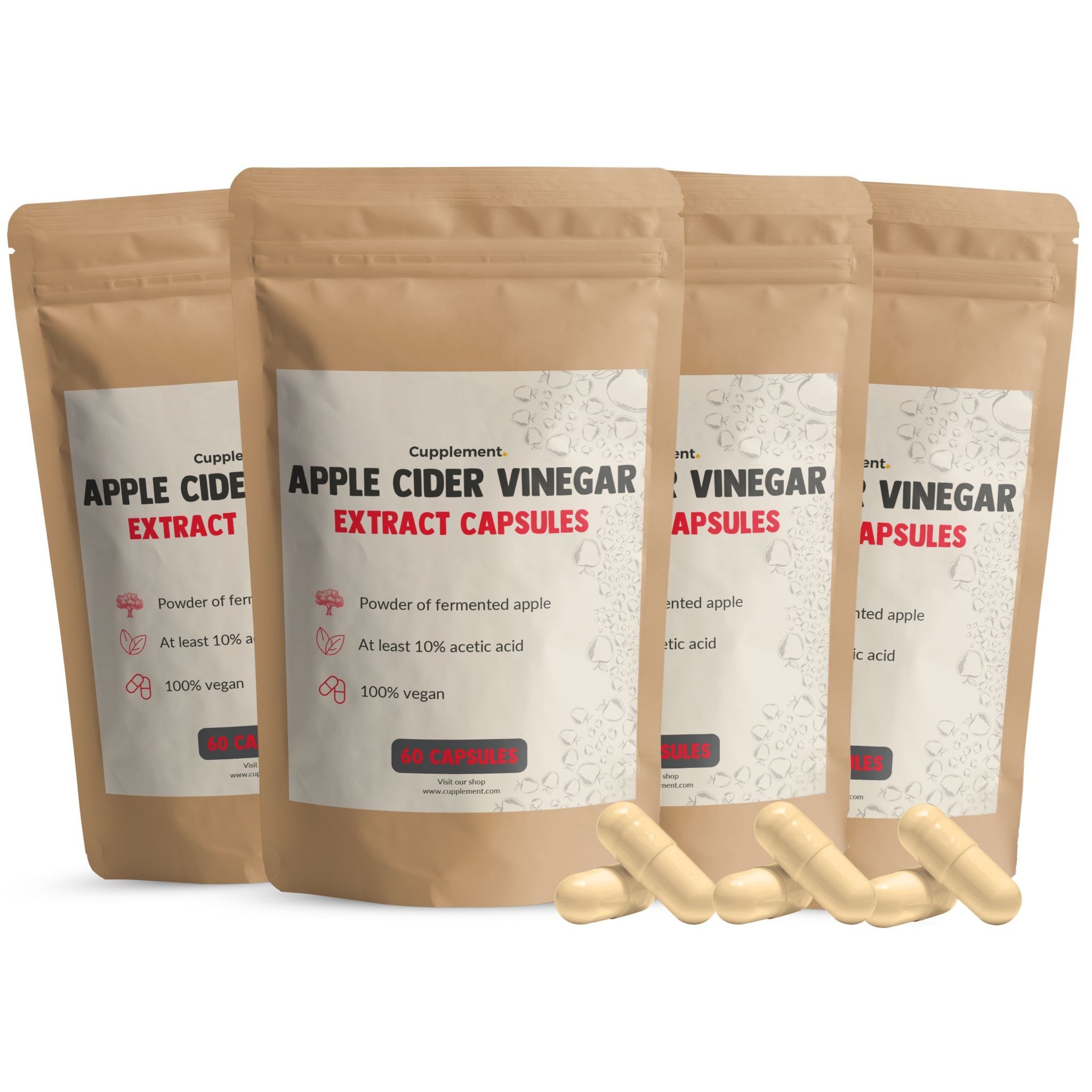 Vier Beutel mit Apfelessig-Extrakt-Kapseln. Daneben liegen Kapseln. Aufdruck: 100% vegan, Pulver aus fermentiertem Apfel.