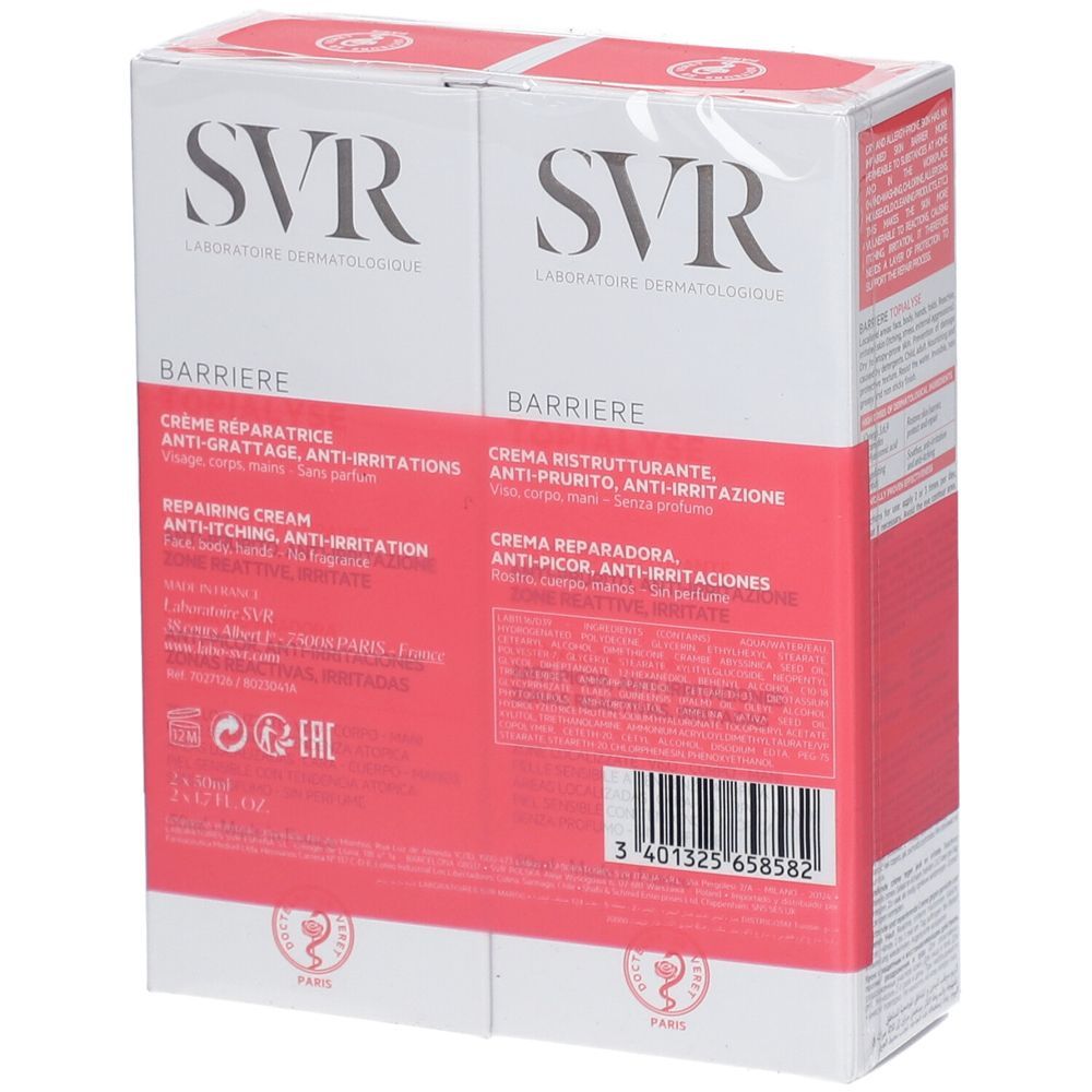 Achterkant SVR Barriere Topialyse duopack. Productinformatie, ingrediënten en logo. Barcode en fabrikantenadres.
