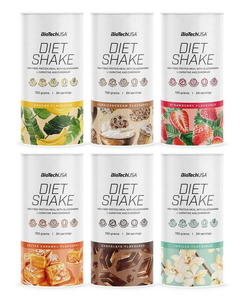 Sechs Dosen BiotechUSA Diet Shake. Jede Dose hat eine andere Geschmacksrichtung, wie Banane, Erdbeere und Schokolade.