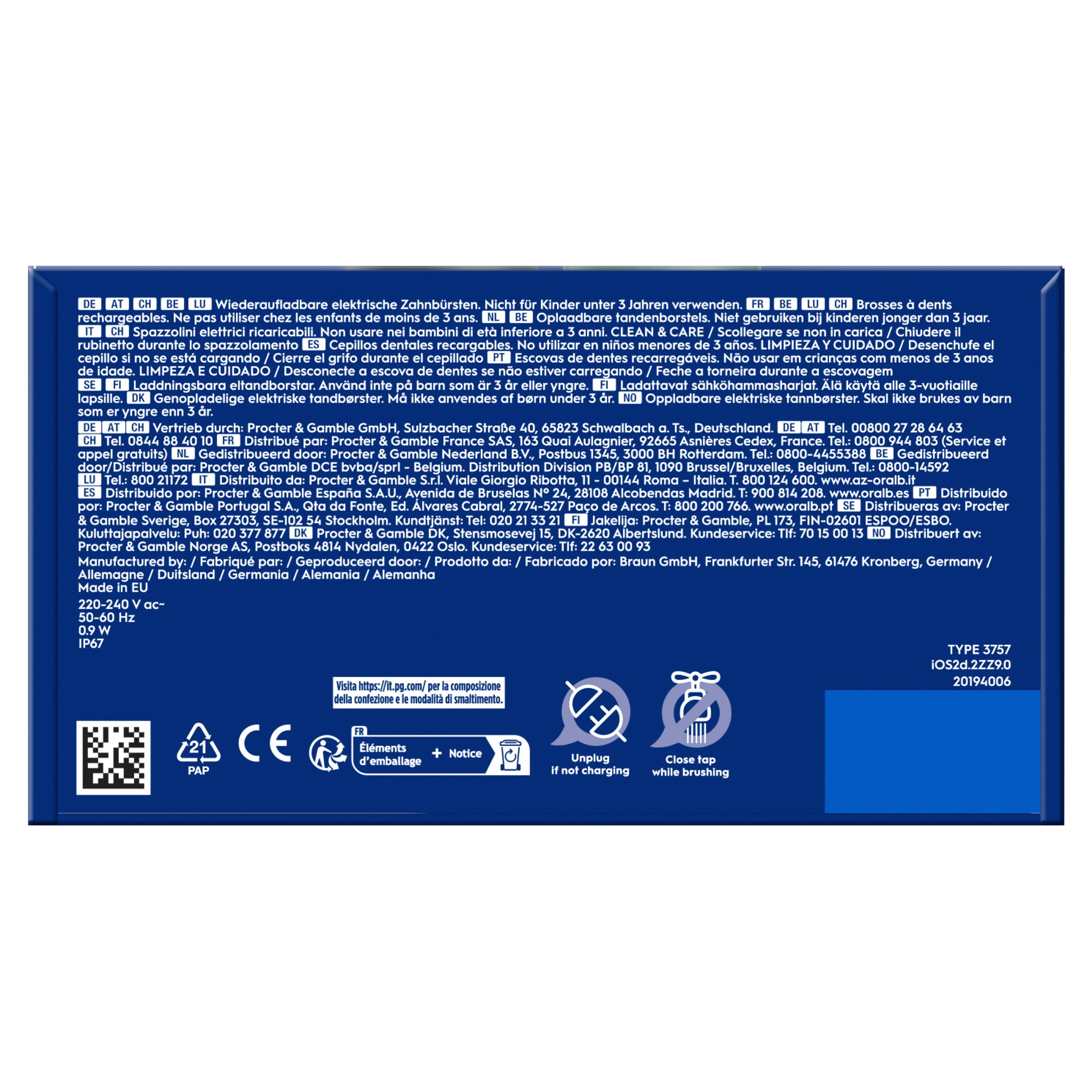 Rückseite der Verpackung. Informationen zu elektrischer Zahnbürste. Warnhinweise, Kontaktinformationen, Typ 3757.