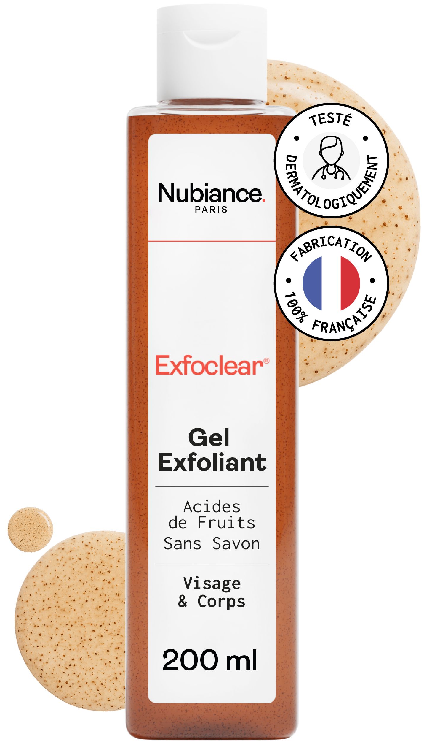 Gel Exfoliant für Gesicht & Körper. 200 ml Flasche. Dermatologisch getestet. Hergestellt in Frankreich.